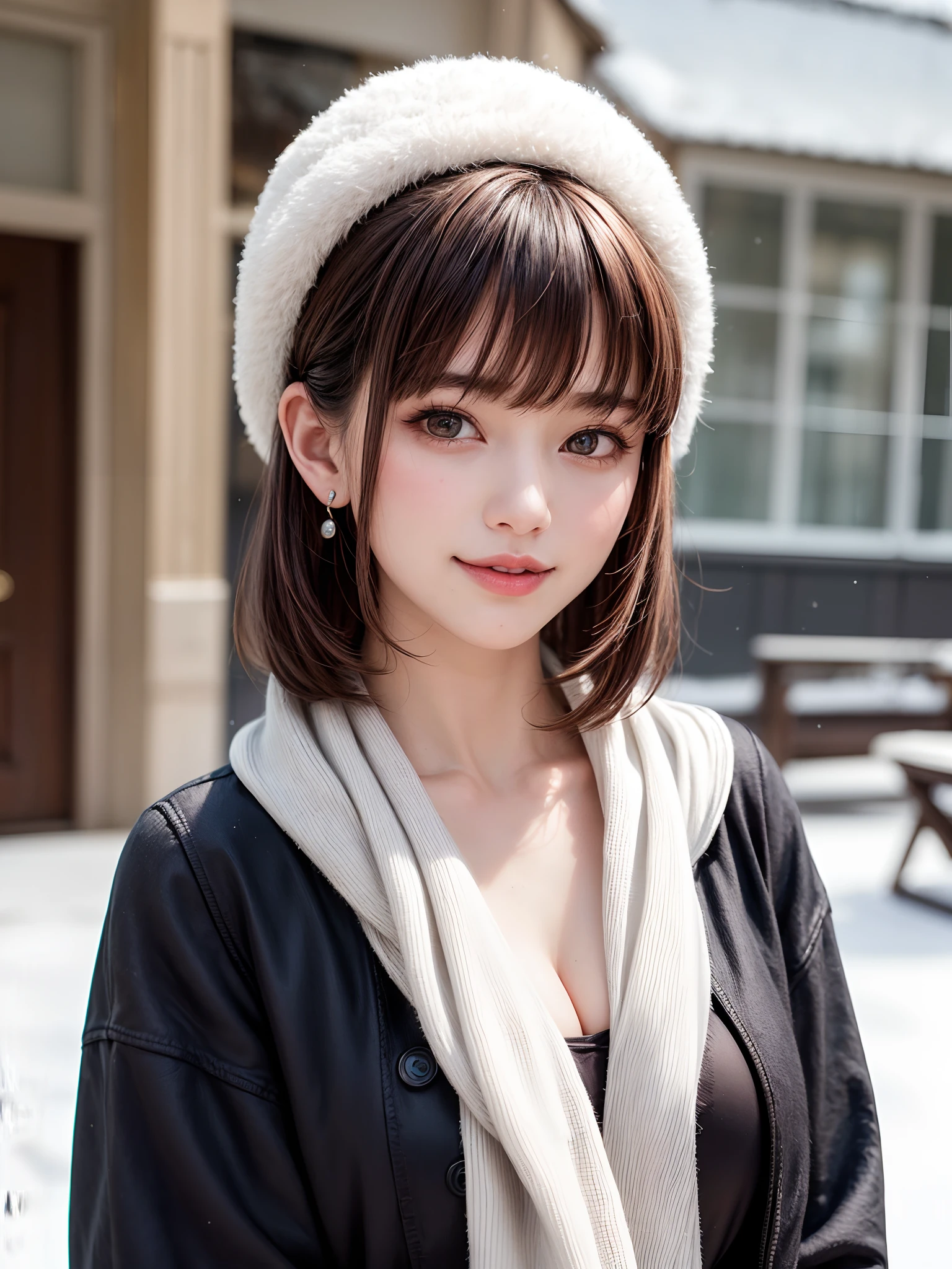 (​masterpiece, top-quality),1girl in, 独奏, A dark-haired, scarf, Hats, realisitic, realisitic, looking at the viewers, black eyes of light color, Brunette Short Bob Hair, Brown coat, Winter clothes, White headscarf, s lips, bangss, plein air, a closed mouth, The upper part of the body、big eye、Lashes、((Beautiful landscape of sparkling snow))、(((short bob hair with bangs、Lustrous hair、big eye、large full breasts、Intense highlighting of the eyes、gazing at viewer、Beautiful beauty、Put your ears out、long neck、little smiling、Close your mouth and smile、Ideal ratio body proportions)))、