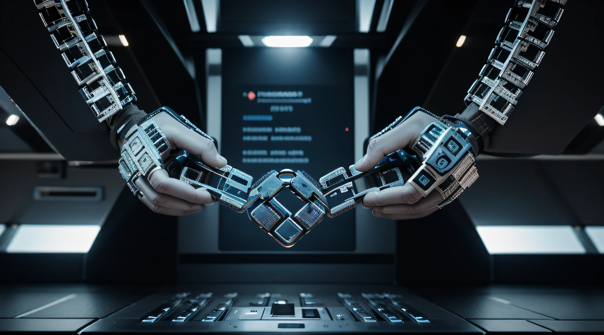 "Visually depict a blockchain transaction with an image of two hands shaking. No plano de fundo, Integrate tracks that resemble computer motherboards to symbolize the underlying technology. Connect these hands by chains of blocks, Highlighting the interconnectedness and security of blockchain. Add technological color nuances to convey efficiency and confidence, providing a clear and detailed representation of a secure transaction on the blockchain."
