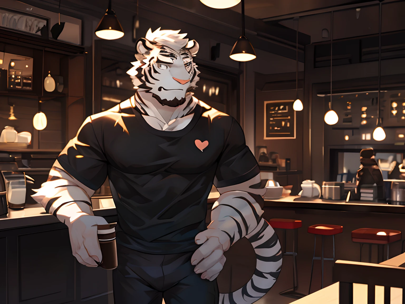 Anthropomorphic White Tiger, Body Fit, Black Strips, Short Hair, White Eyes, Black Shirt, Short Pants, Smiling, Heart Warming, Cool Pose, Handsome, Good looking, Looking to Front, Coffee, Cafe Background