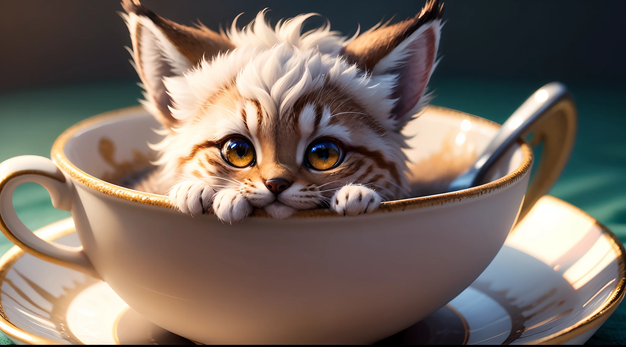 tiny cute lynx sitting in teacup, Claymation, Closeup, fluffy fur, high detail, glittery eyes, soft lighting