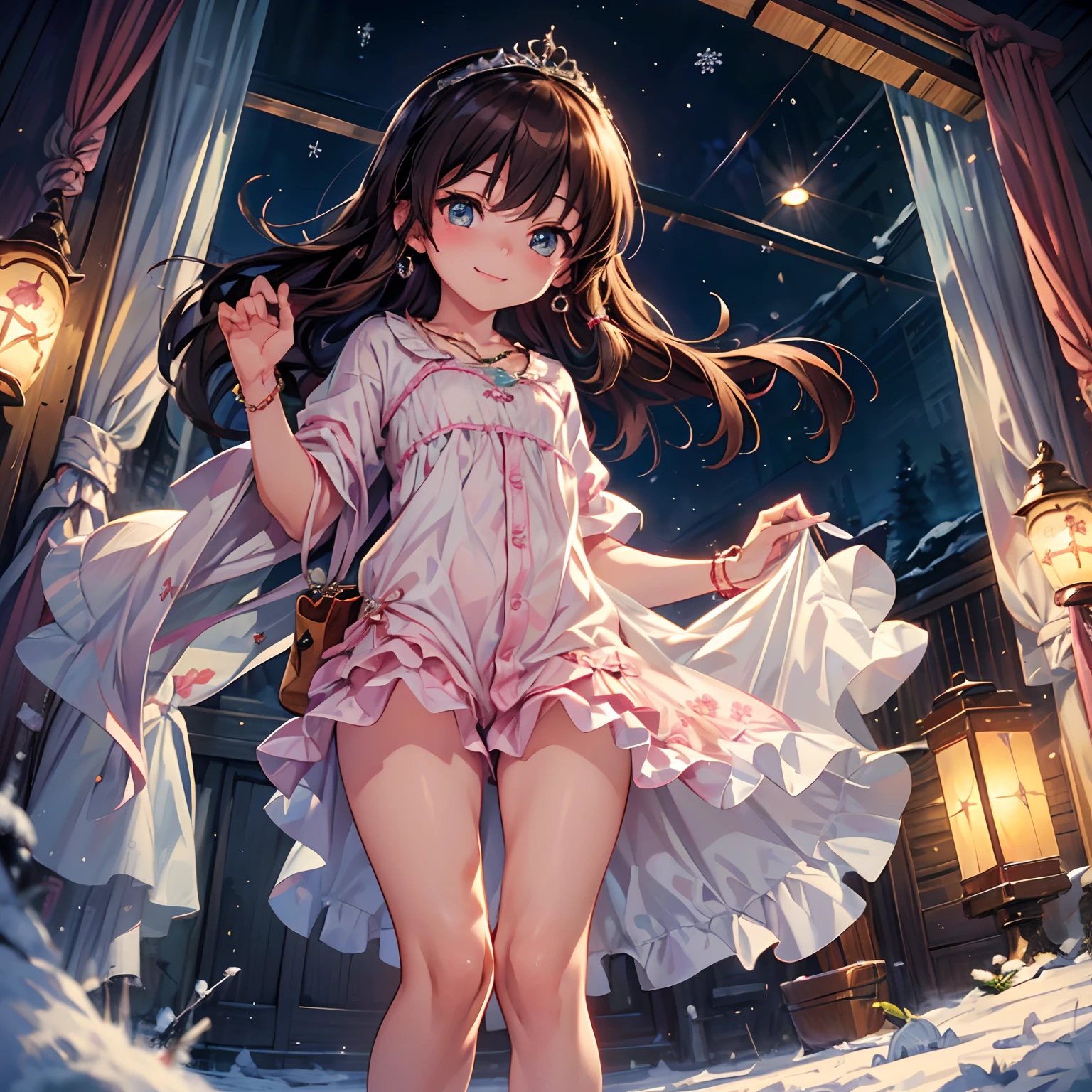 solo, happiness, joyful, Ultra-detailed, Photorealistic, vibrant colors, snowfield, snow, (lonesome cold (winter night) background), darkness, pines, bed, curtains, falling snowflakes, innocent 1girl princess, (cute pose), very mean, (evil smile), ((flat chest)), skinny, very thin legs, anorexic, ((young)), (bright pink floral pajama set), (pajama pants made of cotton), ribbon, shopping handbag, school bag, purse, brown hair, luxurious jewelries, expensive necklaces, pearls, pendants, bracelets, earrings, ((tiara)), (blue glowing eyes), (looking down at viewer), hair ribbon, hair flower, (from below), (depth of field), cinematic lighting, close-up, masterpiece, (anatomically correct)