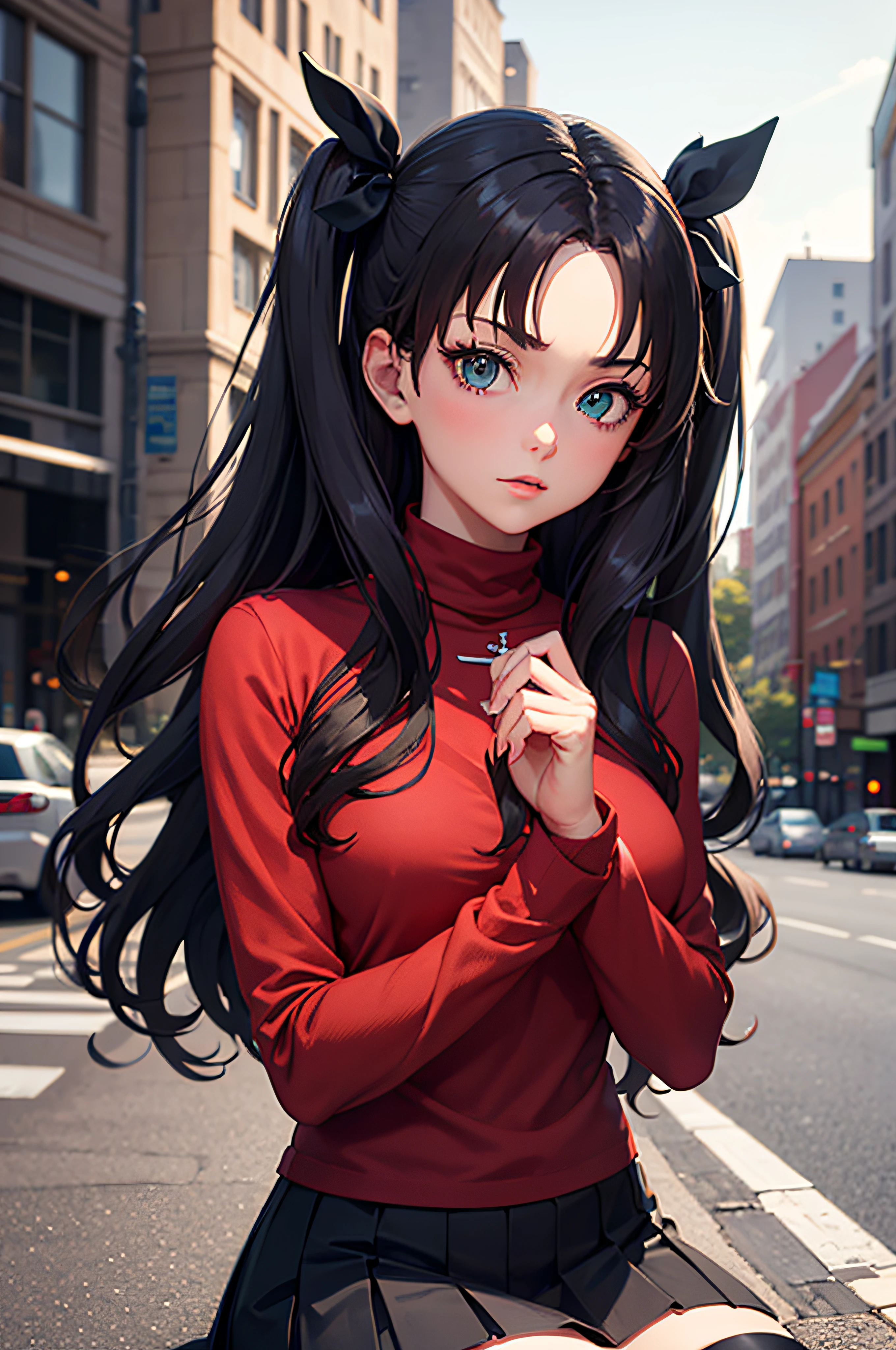 (masterpiece), best quality, expressive eyes, perfect face, 1girl, solo, rintohsaka, rin tohsaka, aqua eyes, black hair, hair ribbon, long hair, ribbon, sidelocks, two side up, black skirt, black thighhighs, long sleeves, miniskirt, pleated skirt, ((red sweater)), skirt, sweater, thighhighs, turtleneck, city background, sitting, character sheet, upper body, portrait, looking at viewer