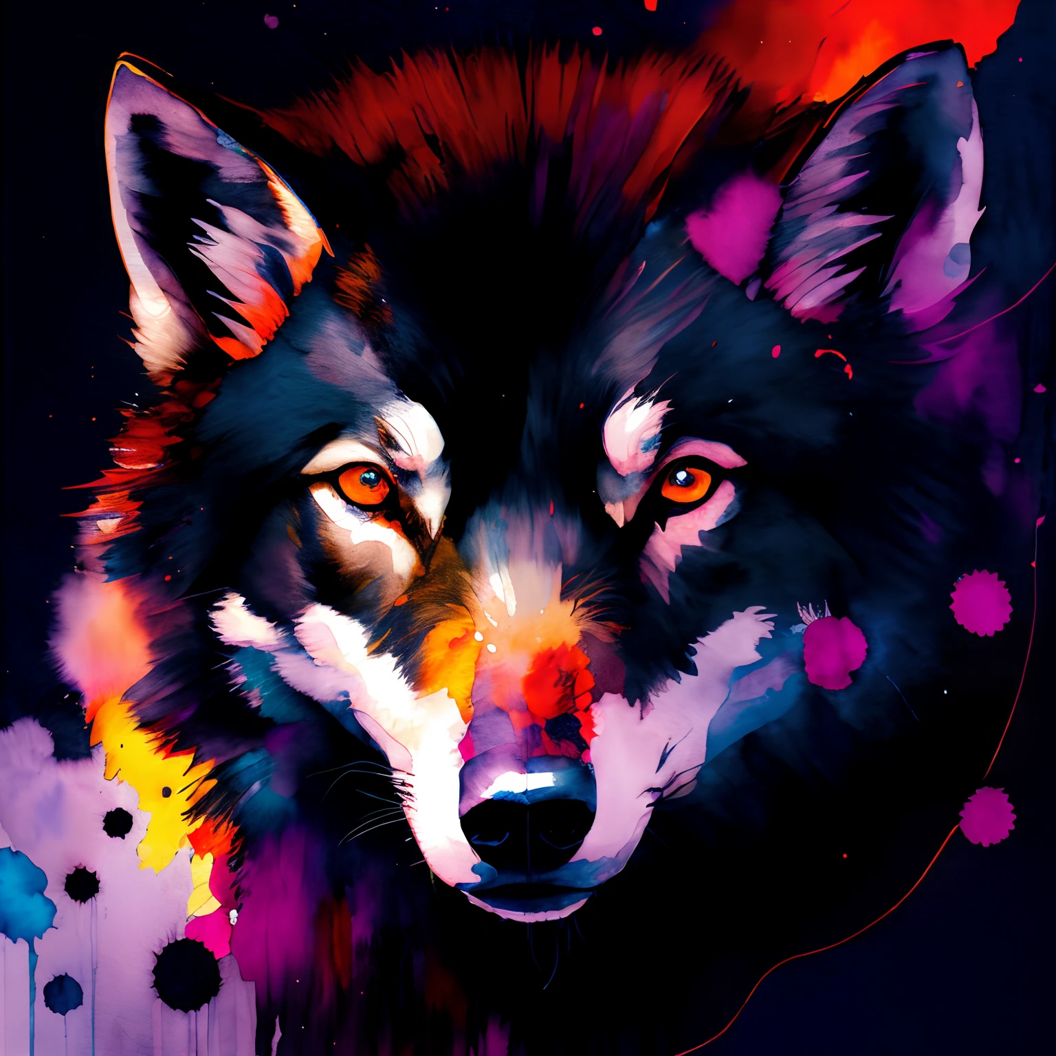 Black canvas, wtrcolor style, Digital art of a wolf, official art, masterpiece, Beautiful, ((watercolor)), paint splatter, intricate details. Highly detailed, detailed, [dripping:0.5], Trending on artstation, by Rachel Walker, looking like a real painting, centered, frontal, animal, vibrant colours, detailed eyes, , vivid colours, real painting