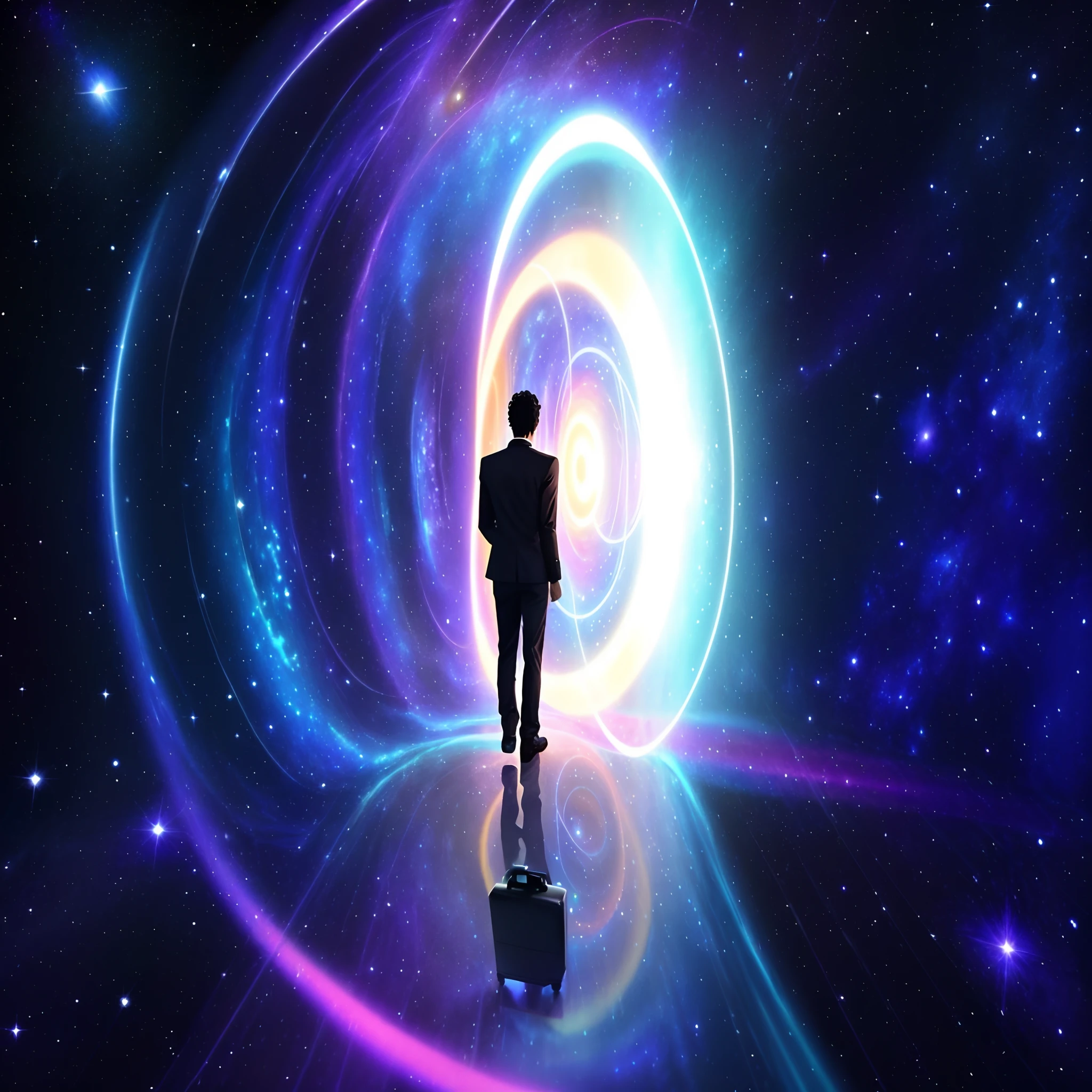 There's a man walking through a galaxy with a suitcase, Viagem Astral, Entering a Quantum Wormhole, open portal to another dimension, no plano astral ) ) ), viajando para um buraco negro, Viagem no tempo, liminal space in outer space!!!, Abrindo um portal brilhante, Wormholes, spirits coming out of portal, teletransporte, astral projection, viajantes do tempo