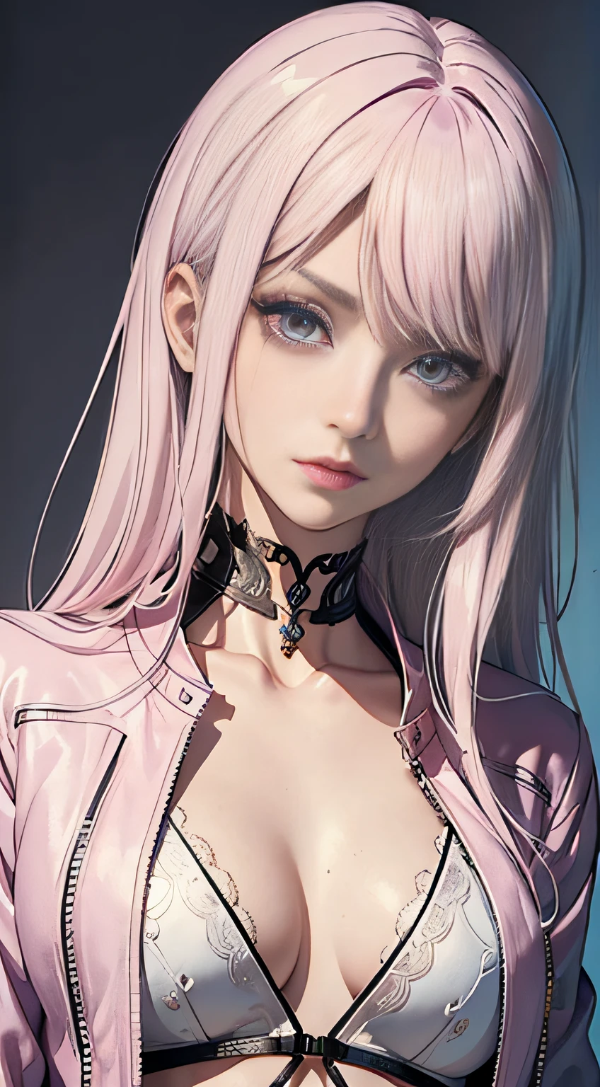 (masterpiece, best quality), intricate details, thin, ((slim)), beautiful girl, Light pink hair, white skin, light purple eyes, sharp jawline, cropped jacket, messy hair, lips, upper body, close up, smirk