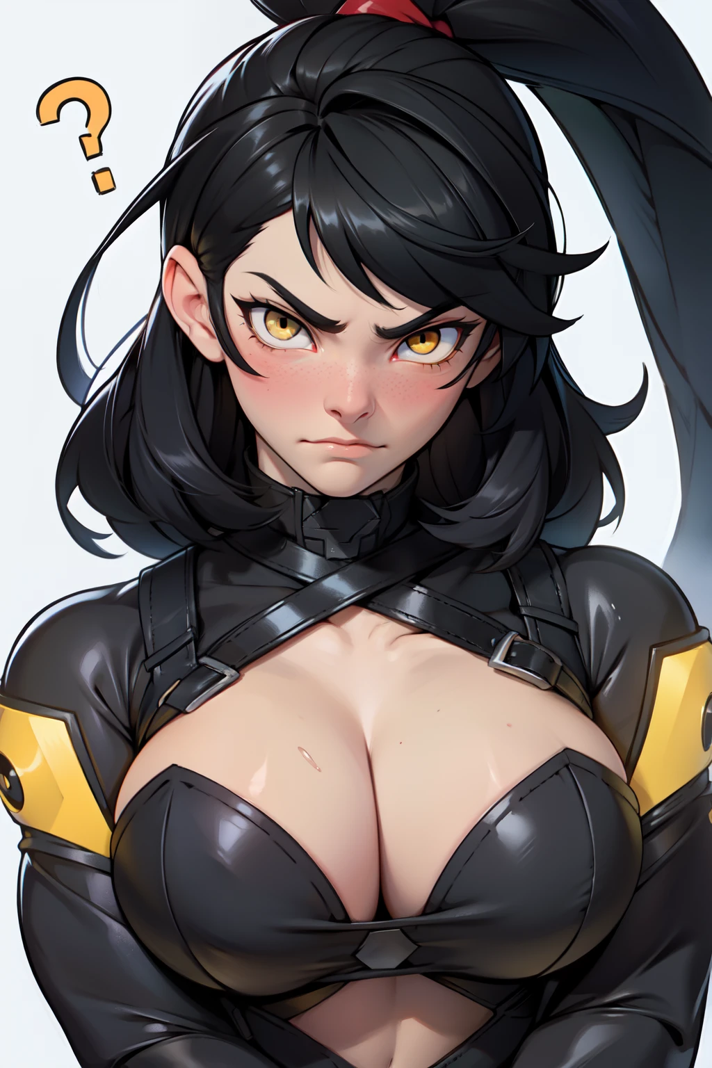 muscular girl huge breasts black hair yellow eyes pale skin frowning question mark blushing