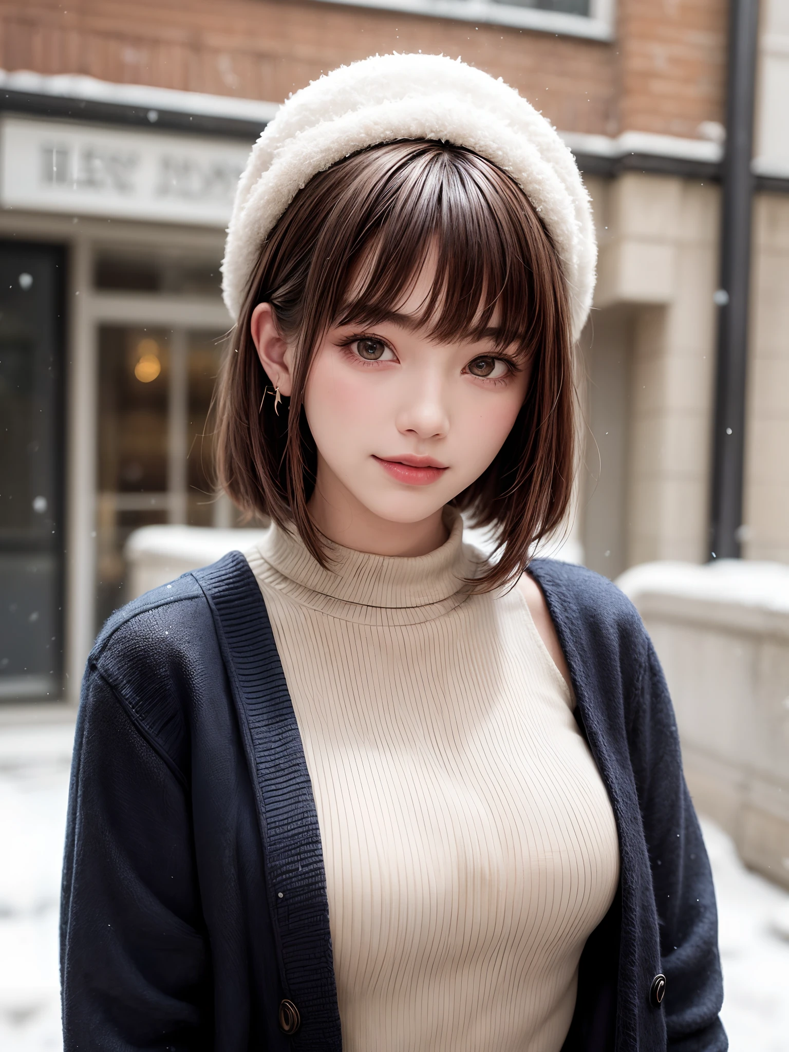 (masterpiece, top-quality),1girl in, 独奏, A dark-haired, scarf, Hats, realisitic, realisitic, looking at the viewers, black eyes of light color, Brunette Short Bob Hair, Brown coat, Winter clothes, White headscarf, s lips, bangss, plein air, a closed mouth, The upper part of the body、big eye、Lashes、((Beautiful landscape of sparkling snow))、(((short bob hair with bangs、Lustrous hair、big eye、large full breasts、Intense highlighting of the eyes、gazing at viewer、Beautiful beauty、Put your ears out、long neck、little smiling、Close your mouth and smile、Ideal ratio body proportions)))、