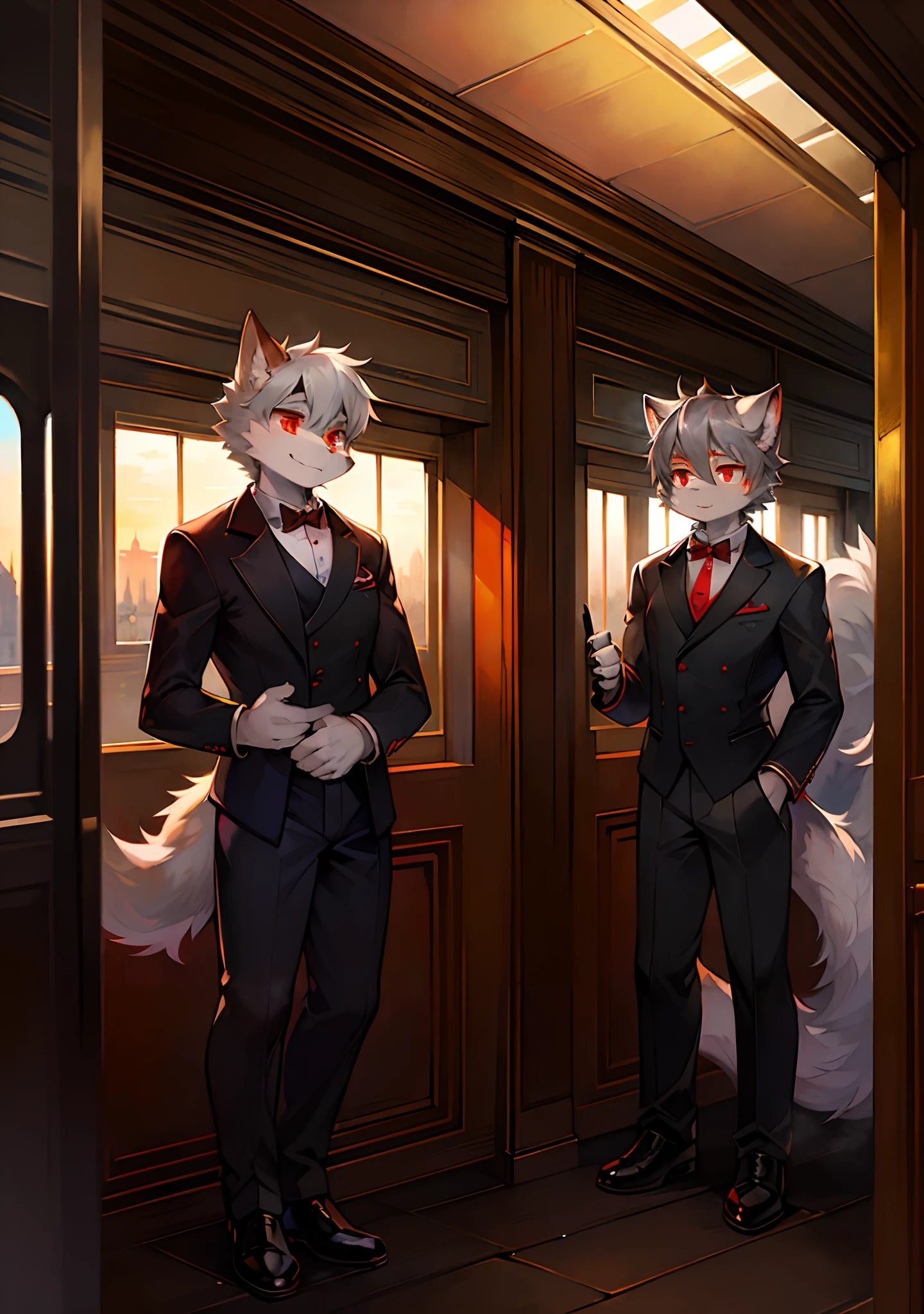 Masterpiece, high quality, digital painting/(artwork/), (anthro, fluffy fur), anthro male cat, short hair, eyes with brightness, panoramic view, (full body fur, fluffy tail, grey fur, red eyes, gray hair), train conductor outfit, steam train on the background, high detail background, train station, sunset