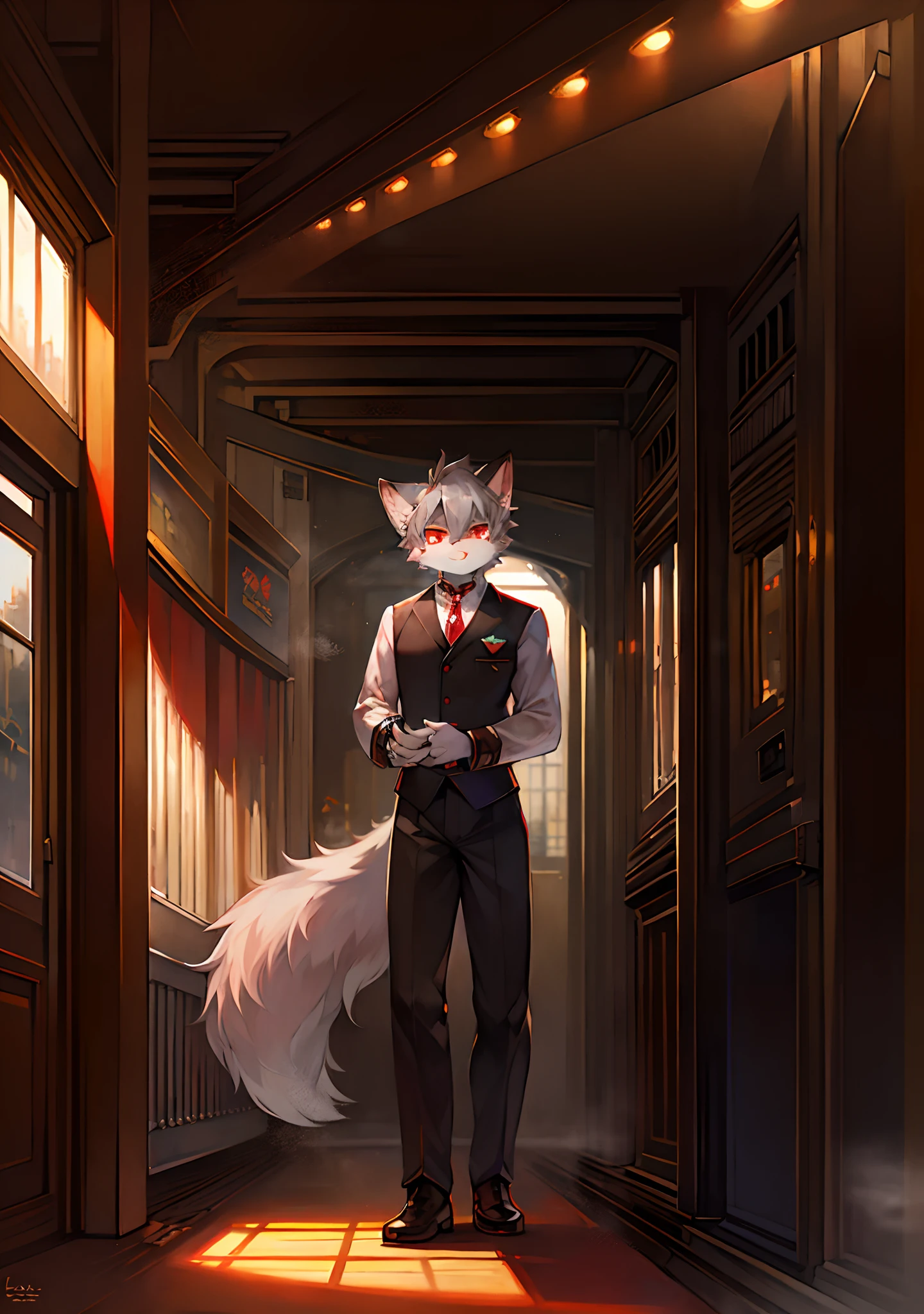 Masterpiece, high quality, digital painting/(artwork/), (anthro, fluffy fur), anthro male cat, short hair, eyes with brightness, panoramic view, (full body fur, fluffy tail, grey fur, red eyes, gray hair), train conductor outfit, steam train on the background, high detail background, train station, sunset