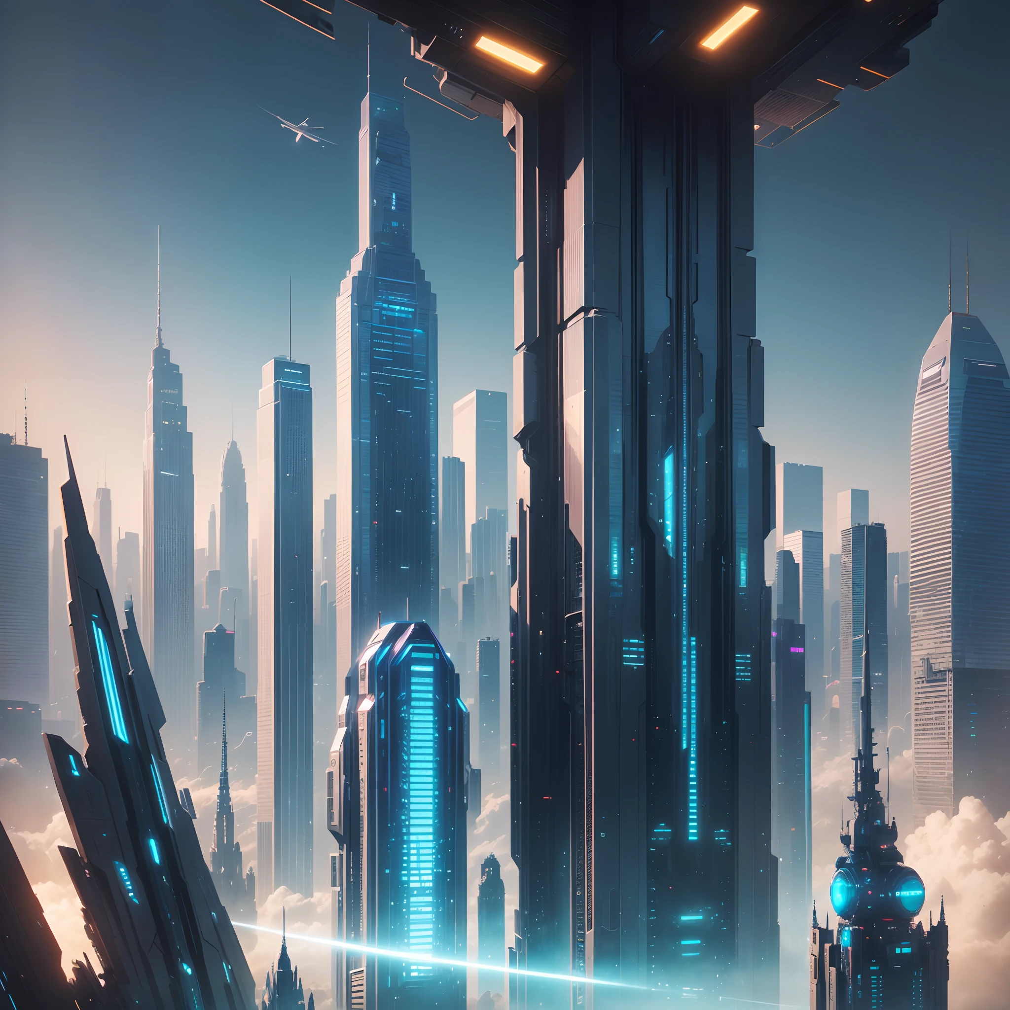 (Best Quality, 8K, Ultra-detailed:1.2), Futuristic cityscape of towering skyscrapers, Cyberpunk, Sci-Fi Art, Earth, A futuristic world, masutepiece, Glass skyscraper, Imaginative, 60 times taller building, Vivid colors, Dramatic Lighting，kosmos，A world far beyond the imagination of mankind