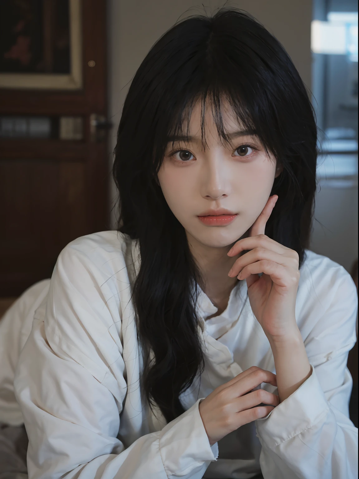 best qualtiy, 超高分辨率, (realisticlying:1.4), A woman with long black hair and a gray sweater, 中景 the scene is, She has black hair,By bangs, young lovely Korean faces, wan adorable korean face, ulzzangs, Shin Jinying, beautiful aesthetic face, Korean face features, Played by Liu Lee Ji Eun ,Beautiful realistic face