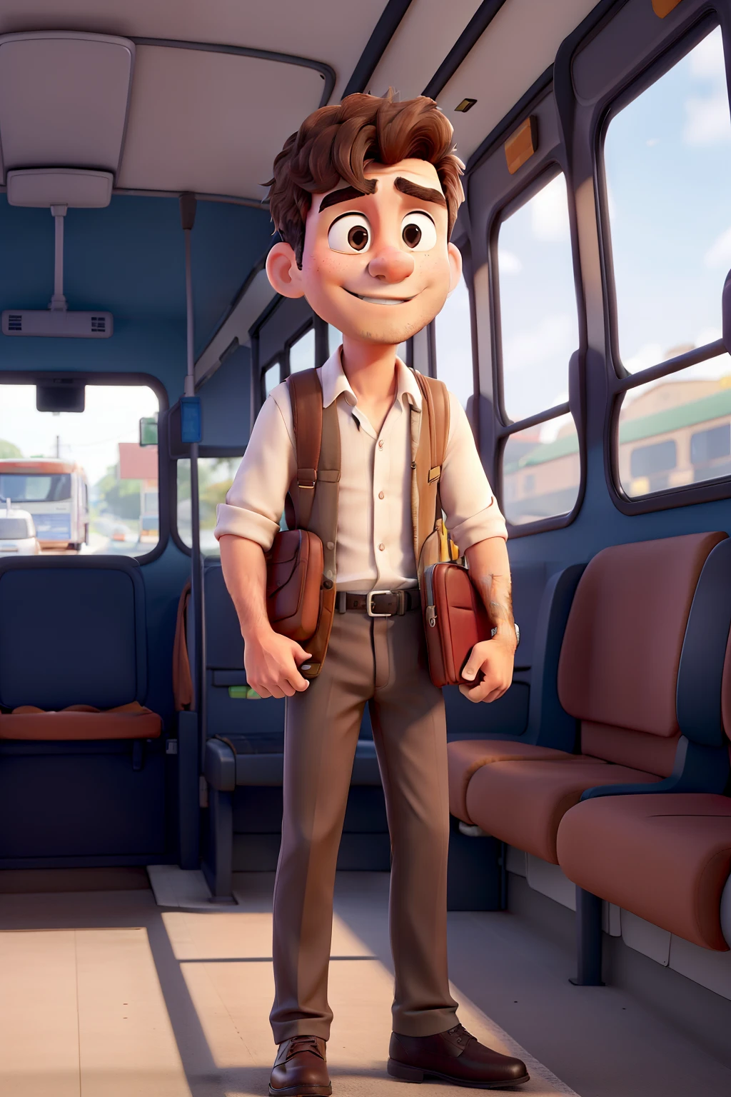 Homem jovem, Highway Bus Driver, Dress clothes and buses in the background