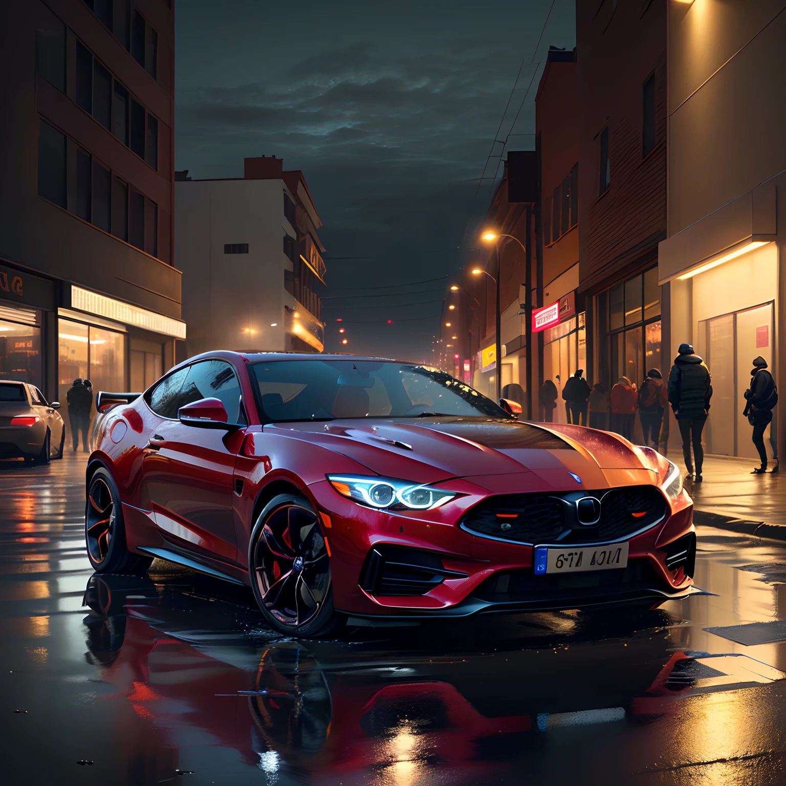 Create an ultra-realistic image of a red sports car in an urban environment at night, with reflections in the puddles of water