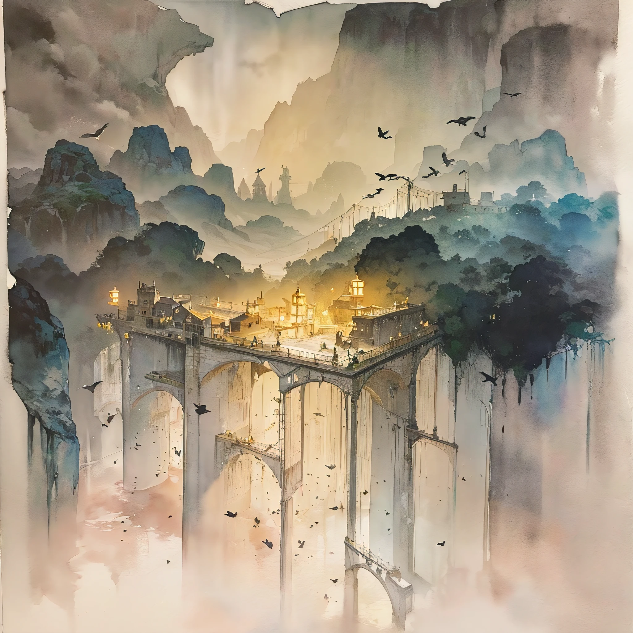 A suspension bridge about to collapse from a cliff. Birds are also buzzing in the end-of-the-century world.(Ink on Japanese paper, Bleeding easily)(Contemporary art like a picture book) (Transparent watercolor) (The light itself is realistically expressed.) (Soft layer, Rich colors) (Shade of paint thinly dissolved in water) (Deep, Delicate colors)