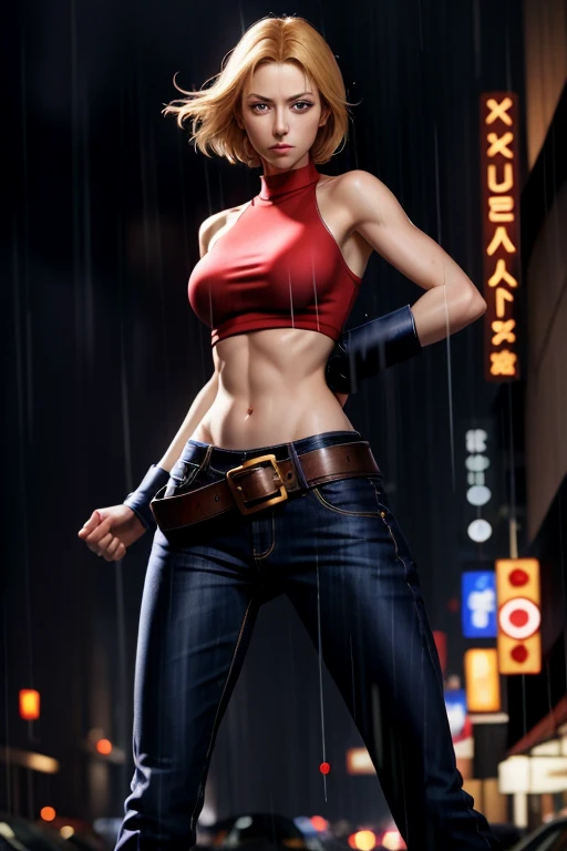 maryms, best quality, (beauty), masterpiece, 1 girl, render based on physics, ultra highres, narrow waist, thin, big eyes, long legs, (small breasts), swollen eyes, night, (rainy city), bright skin, facing the viewer, fighting posture, (close the fist), firm expression,