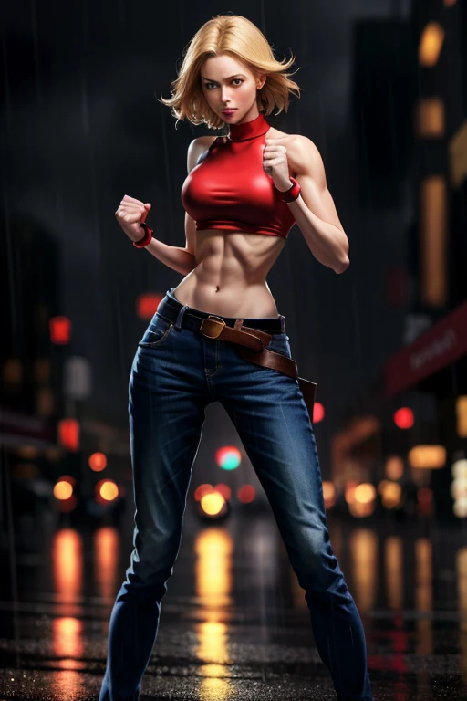 (by artist Aliza Razell:1.0), in city,Streets,1girll, Solo,Smile,, 1girll, Solo, Marikov,1girll, Solo, Short hair, Blonde hair, Blue eyes, gigantic cleavage breasts,Forehead, parted hair,Red shirt(Sleeveless),belt, Tight fitting shirts, Crop top, navel, Blue gloves, baggy pants, Pants,Absolute field,dramatic lights,view the viewer, Fighting stance, (hold fists),Firm expression,full bodyesbian,Unity 8k wallpaper,Ultra detailed,Beautiful and aesthetic,Beautiful,Masterpiece,Best quality,