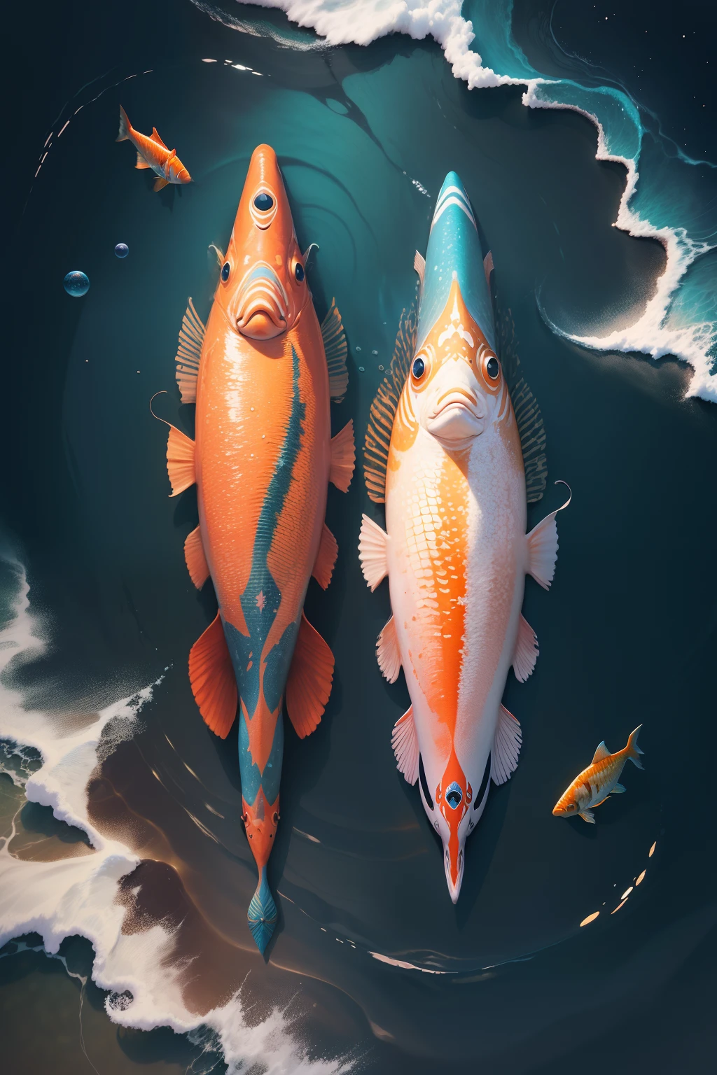 "Arranged in the form of the word 'AN', cosmic scenery, fish swimming gracefully."