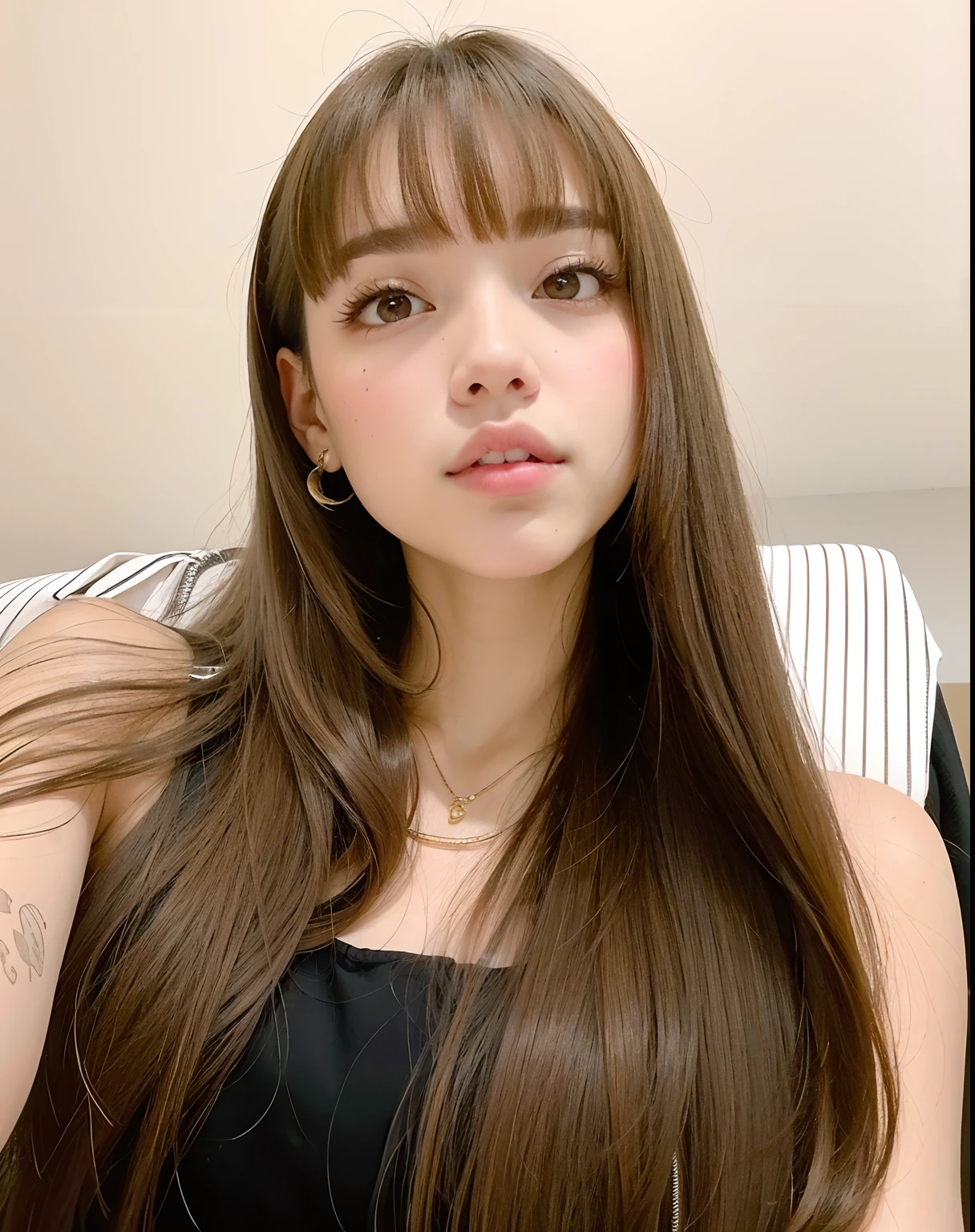 Araffe girl with long brown hair and a black blouse, Lalisa Manobal, Lalisa Manoban de Blackpink, Cabello largo con flequillo completo, con flequillo, Jossi de Blackpink, con flequillo completo, Pelo largo con flequillo, Retrato de Jossi de Blackpink, Sun Yunjoo, Flequillo partido en el centro, Cabello limpio con flequillo, flequillo recto