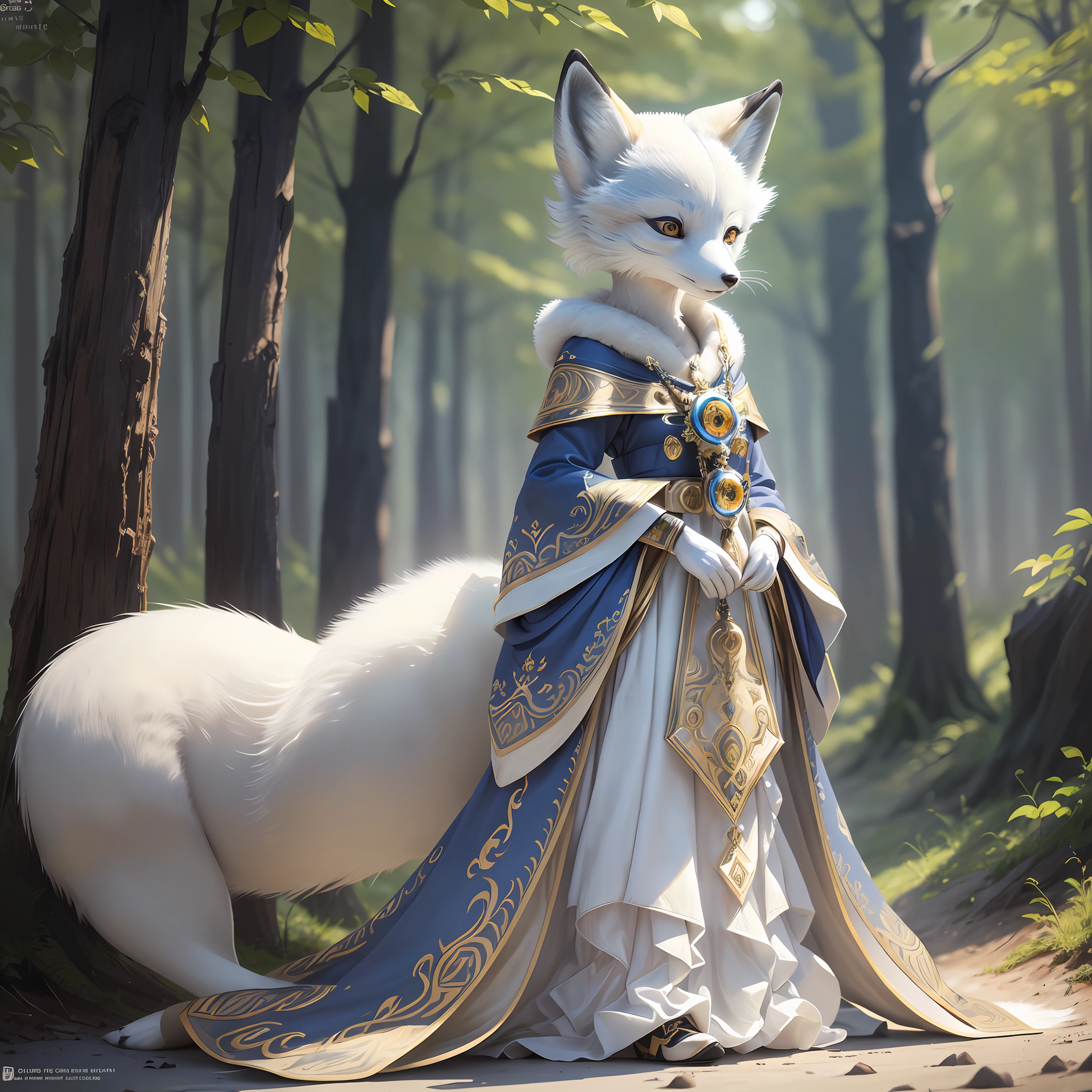 (((solo exhibition))), fox head, anthropomorphic fox, white and gold clothes, lots of decorated costumes, (full body) Take photos of the most beautiful artwork detailed, intricate details, high detail, ultra-realistic, hidden armor, petite proportions, realistic anthropomorphism, (anthropomorphic art!!!, ((female human arctic fox priest)), forest, very, very beautiful human art, realistic, 8k, no human hair, no repetition, no repetitive tail, no clones, no big heads
