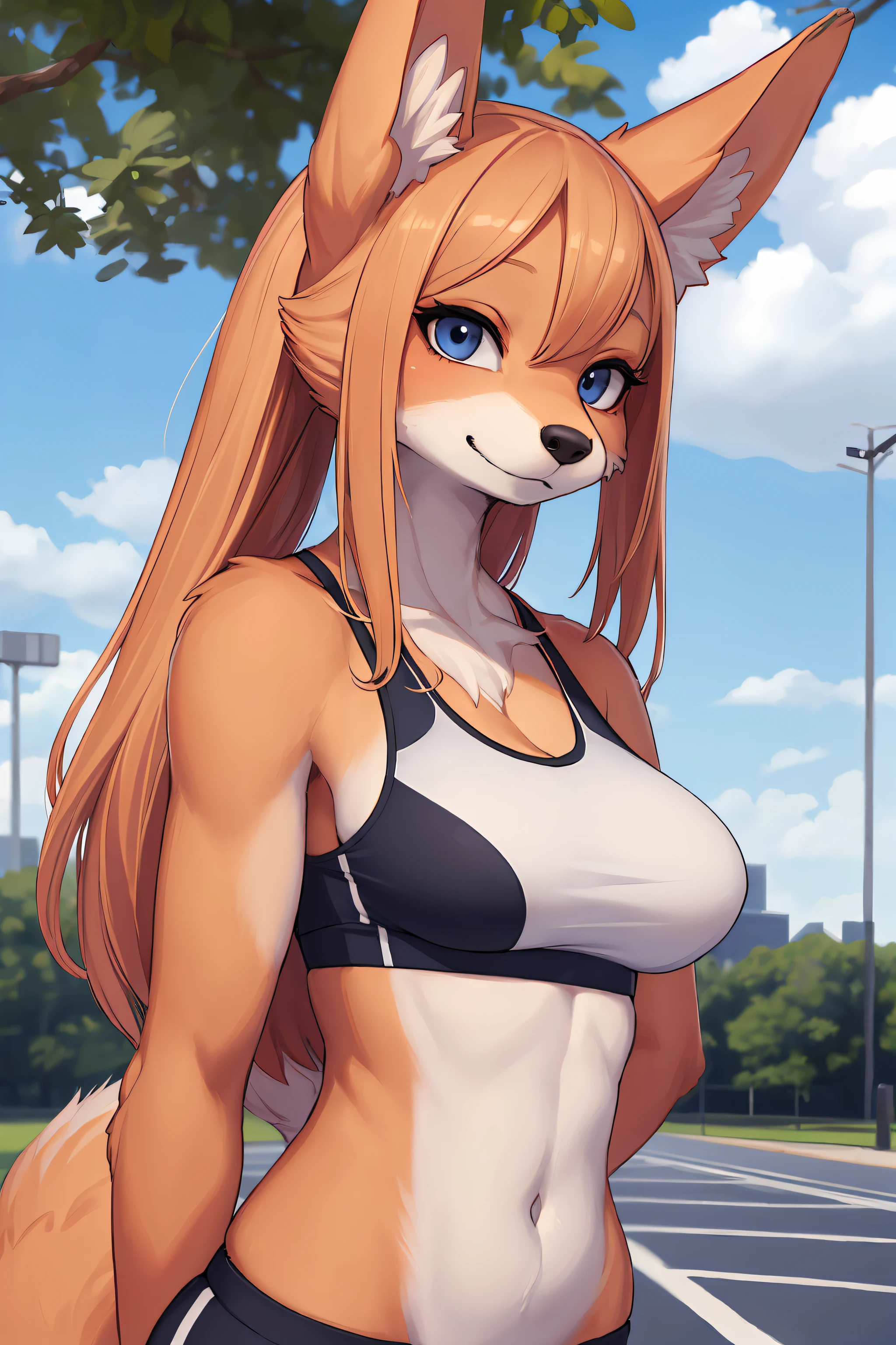 (hi res), ((Masterpiece)) , ((Best Quality)), illustartion,  woman's, fox, average breasts, upper body, furry, sports bra and sports, modest, in public,