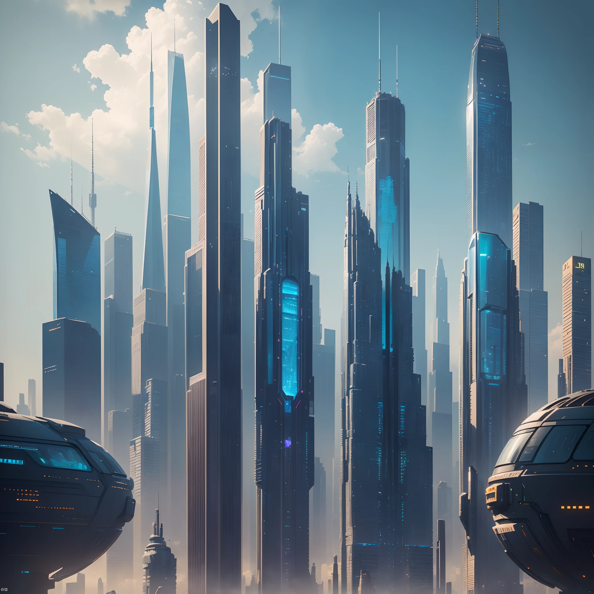 (Best Quality, 8K, Ultra-detailed:1.2), Futuristic cityscape of towering skyscrapers, Cyberpunk, Sci-Fi Art, Earth, A futuristic world, masutepiece, Glass skyscraper, Imaginative, Buildings 50 times taller, Vivid colors, Dramatic Lighting，kosmos，A world far beyond the imagination of mankind
