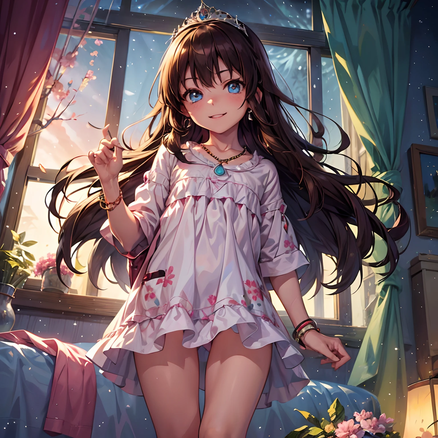 (solo), happiness, joyful, Ultra-detailed, Photorealistic, vibrant colors, snowfield, snow, (lonesome cold (winter night) background), darkness, pines, bed, curtains, falling snowflakes, innocent 1girl princess, (cute pose), very mean, (evil smile), ((flat chest)), skinny, very thin legs, anorexic, ((young)), (bright pink floral pajama set), (pajama pants made of cotton), ribbon, shopping handbag, school bag, purse, brown hair, luxurious jewelries, expensive necklaces, pearls, pendants, bracelets, earrings, ((tiara)), (blue glowing eyes), (looking down at viewer), hair ribbon, hair flower, (from below), (depth of field), cinematic lighting, close-up, masterpiece, (anatomically correct)