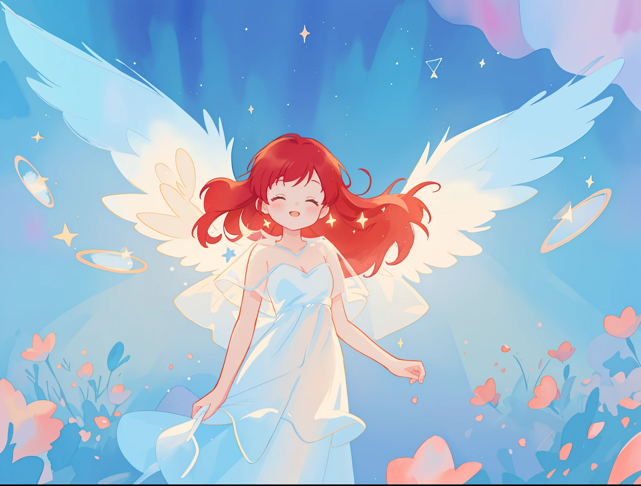beautiful angel girl in sparkling white dress, layered sheer sparkling dress, (huge sparkling angel wings), glowing layered white ballgown, long red hair, watercolor illustration, disney art style, glowing aura around her, glowing lights, beautiful digital illustration, fantasia colorful background, beautiful, masterpiece, best quality, anime disney style, whimsical, magical, ethereal, angelic, cinematic lighting