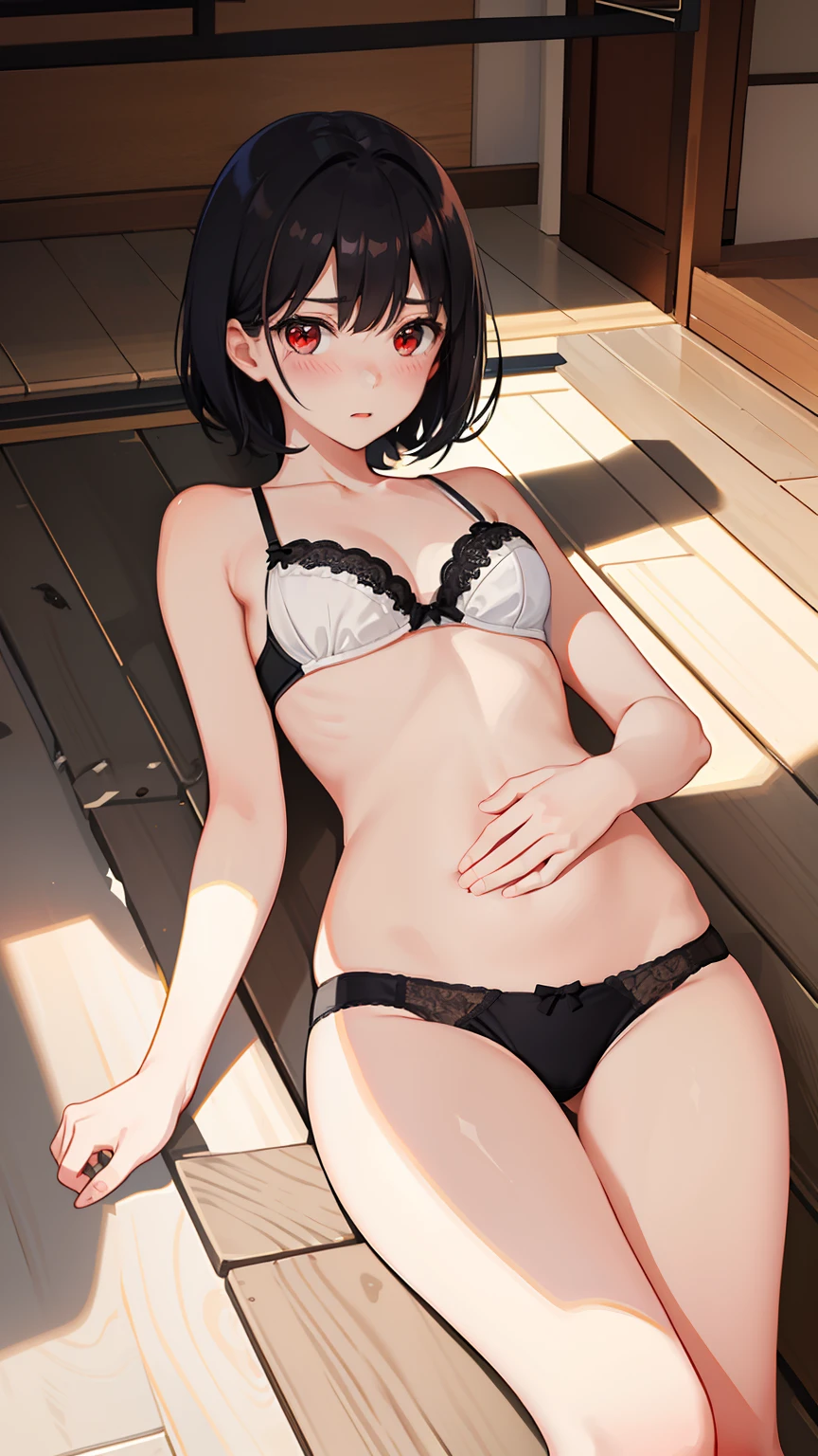 1girl in、AS-Adult、white bra and panties、Cute underwear、(small tits) short black hair、red eyes, laying on a wooden floor, blushing, embarassed, coverying her belly,