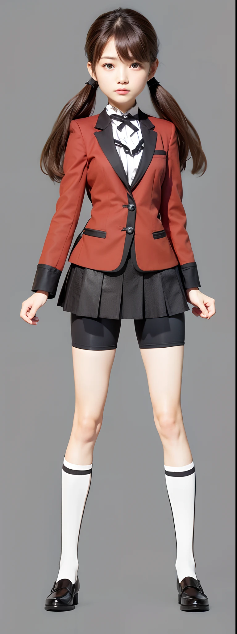 Girl brown eyes, brown hair, red top, black skirt, black gloves, white long socks。