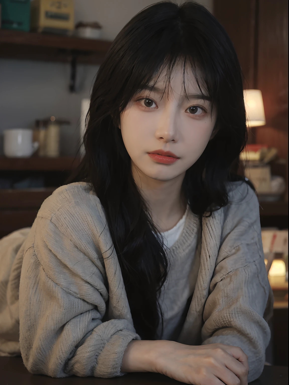 best qualtiy， 超高分辨率， （realisticlying：1.4）， A woman with long black hair and a gray sweater，中景 the scene is, She has black hair，By bangs, young lovely Korean faces, wan adorable korean face, ulzzangs, Shin Jinying, beautiful aesthetic face, Korean face features, Played by Liu Lee Ji Eun ，Beautiful realistic face