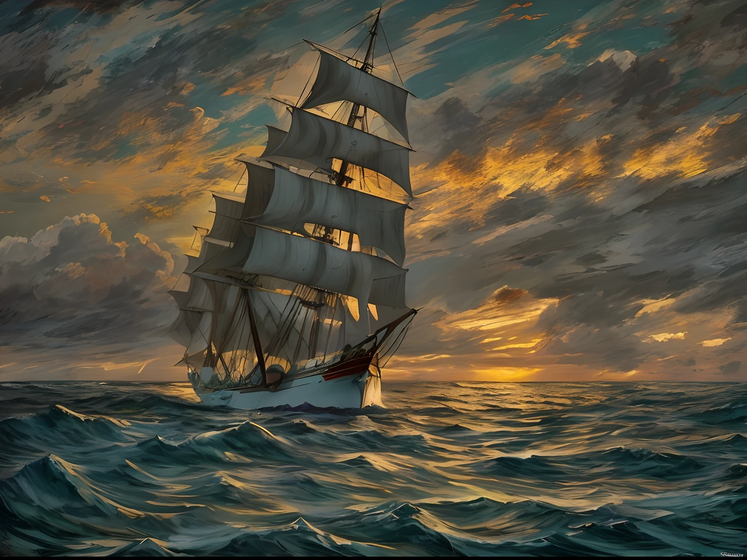 Painting of a tall ship sailing on the ocean at sunset, navio no mar, Directed by: Ivan Lacković Croatia, Directed by: Alexander Kucharsky, veleiro, Directed by: Aleksander Gierymski, Directed by: Wojciech Korneli Stattler, Directed by: Alfons Karpiński, Directed by: Konstantin Savitsky, navios com velas