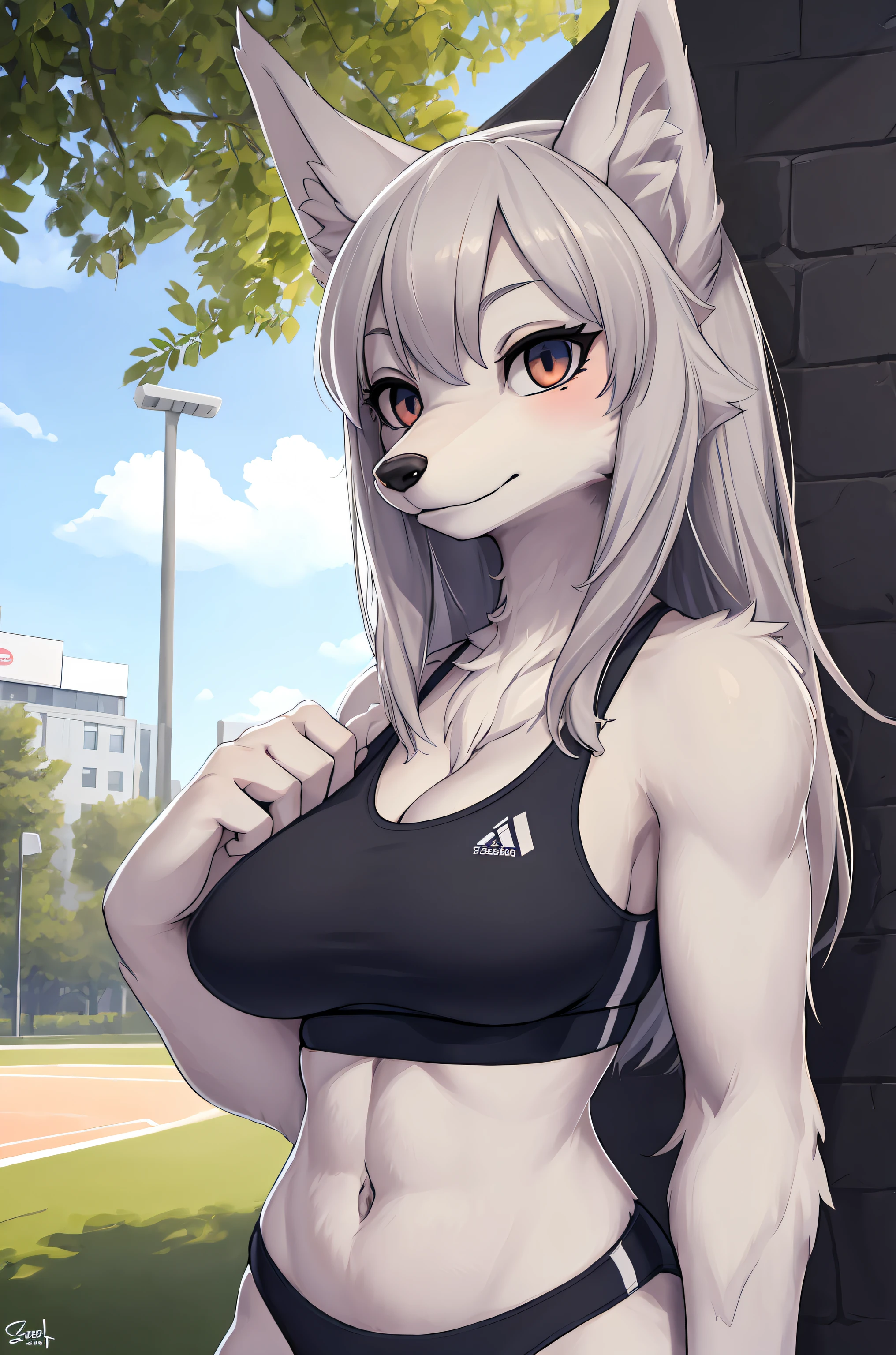 (hi res), ((Masterpiece)) , ((Best Quality)), illustartion, woman's, Wofl, average breasts, upper body, furry, sports bra and sports, modest, in public,