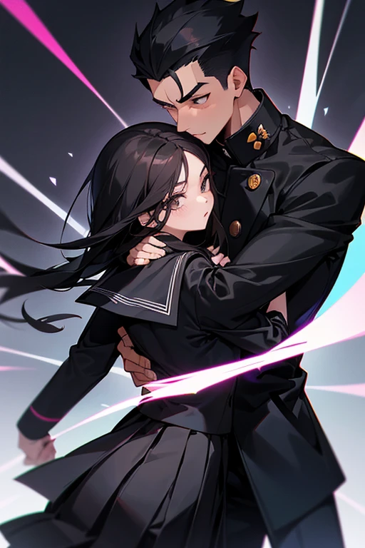 (1 girl), (1 boy), dark hair, man hugging woman, (man in black gakuran and black slacks), (woman in black sailor suit and black pleated skirt), cool guy, cute girl, hug from behind, cinema effect, romantic, exact pose, exact body structure, high quality, high resolution, masterpiece.