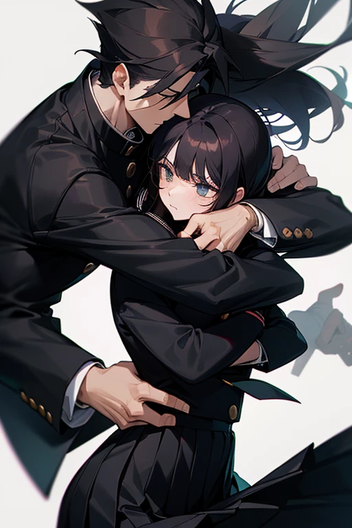 (One girl), (One boy), Black hair, A male embracing a female, (The male is wearing a black suit and black slacks), (The female is wearing a black sailor uniform and a black pleated skirt), Cool male, Cute girl, Embrace from behind, Male hugging the female from behind, Cinematic effect, Romantic, Accurate pose, Accurate human anatomy, High quality, High resolution, Masterpiece.