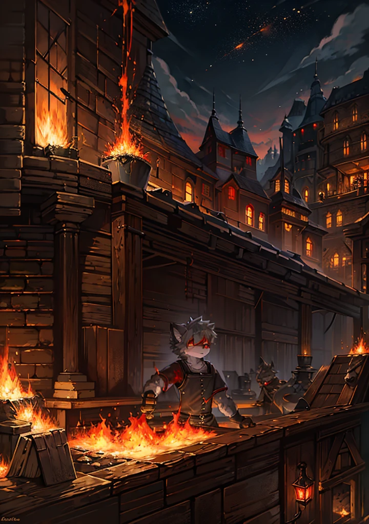 Masterpiece, high quality, digital painting/(artwork/), (anthro, fluffy fur), anthro male cat, short hair, eyes with brightness, panoramic view, (full body fur, fluffy tail, grey fur, red eyes, gray hair), blacksmith outfit, high detail background, forge, foundry, hot colors, sparks, welding