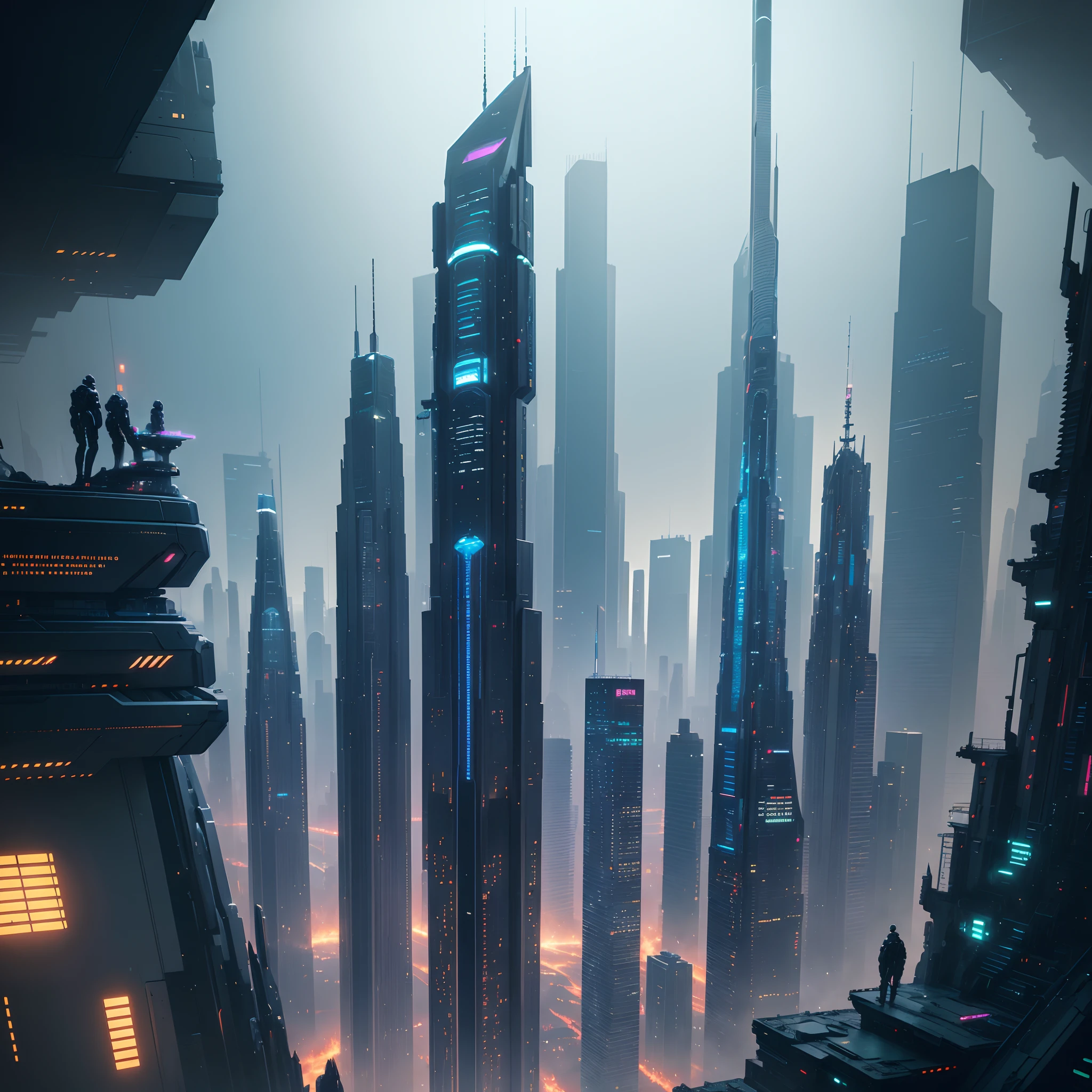 (Best Quality, 8K, Ultra-detailed:1.2), Futuristic cityscape of towering skyscrapers, Cyberpunk, Sci-Fi Art, Earth, A futuristic world, masutepiece, Glass skyscraper, Imaginative, 60 times taller building, Vivid colors, Dramatic Lighting，kosmos，A world far beyond the imagination of mankind