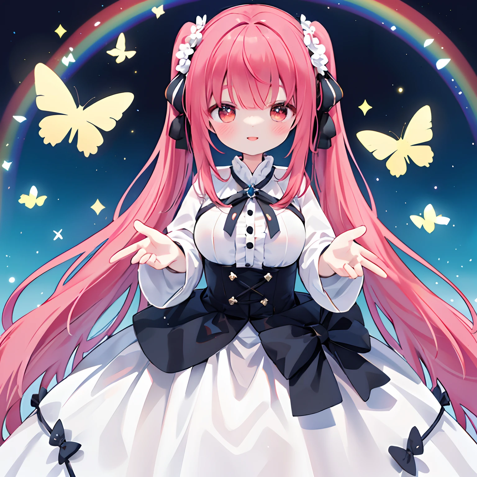 Background of the night wreath、（Fairy with large butterfly wings with rainbow pattern、faerie：1.5）、(top-quality、8K、32K、​masterpiece、nffsw:1.2)、((Photo of red-eyed woman with bright red hair with cute smile：1.3))、 
((Horizontal twin tails tied with a black ribbon：2))、 
Curly hair:1.3、Zito-order：2、large full breasts、Look around、A smile、(Reach Out:1.3)