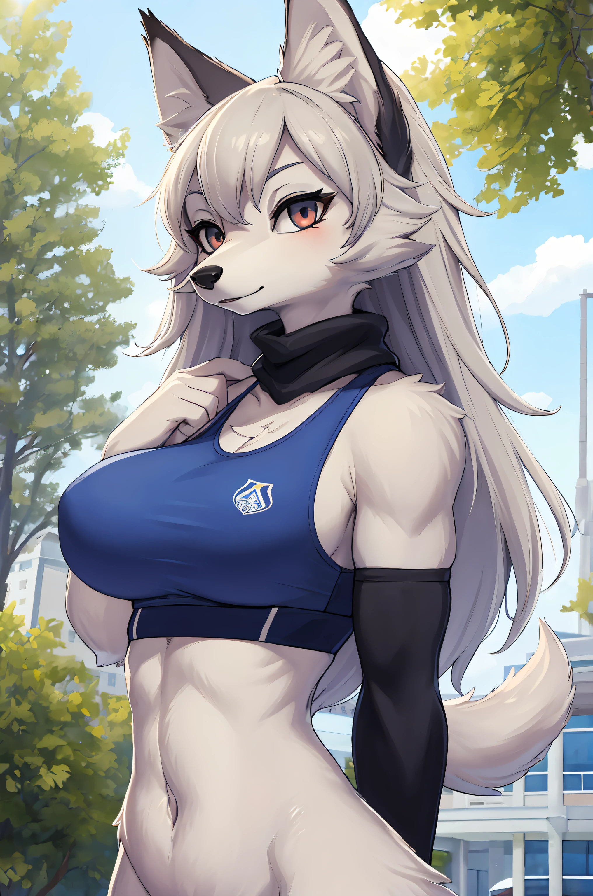 (hi res), ((Masterpiece)) , ((Best Quality)), illustartion, woman's, Wofl, average breasts, upper body, furry, sports bra and sports, modest, in public,