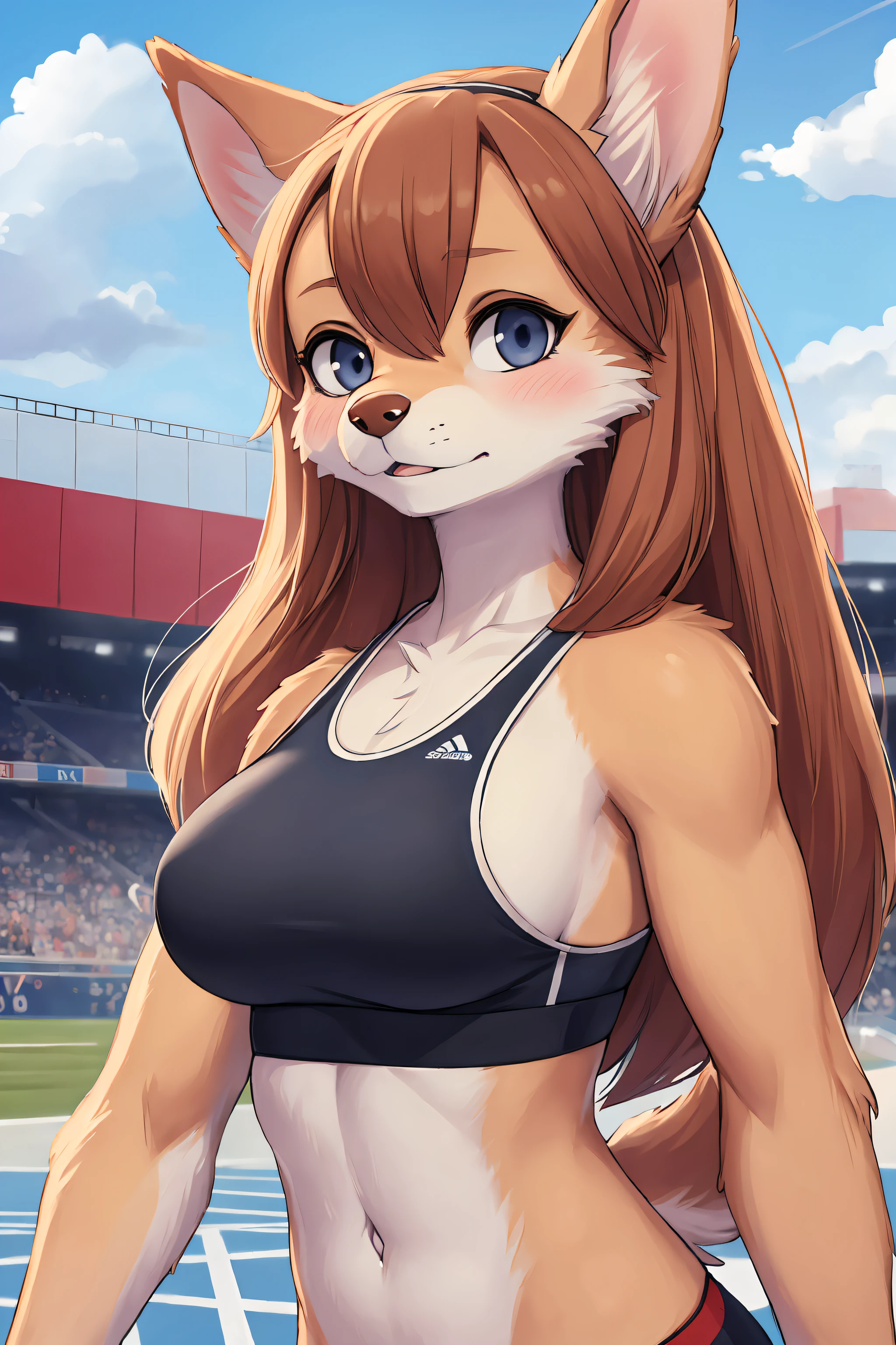 (hi res), ((Masterpiece)) , ((Best Quality)), illustartion,  woman's, Dog, average breasts, upper body, furry, sports bra and sports, modest, in public,