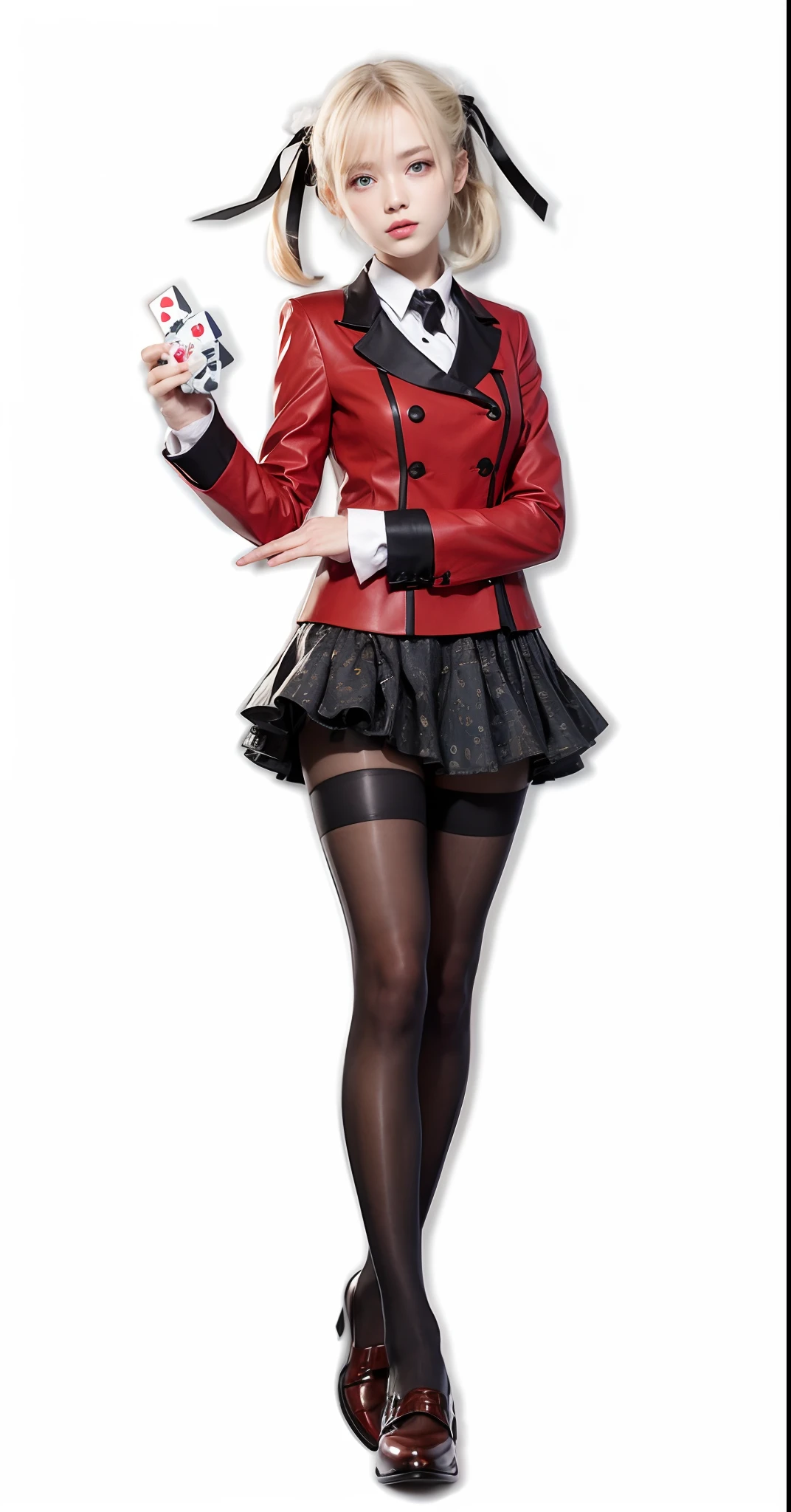 Girl with blue-green eyes,Red top,white cuffs,black short skirt,black lence stockings,Brown shoes。Holding a white domino in his hand