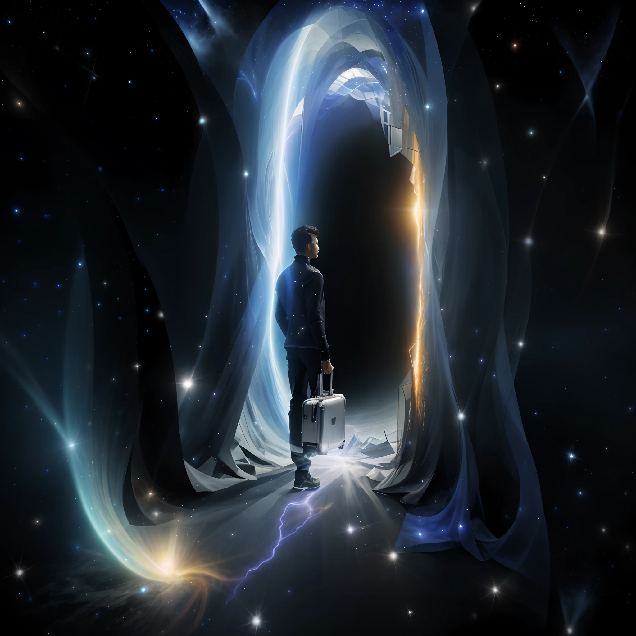 There's a man walking through a galaxy with a suitcase, Viagem Astral, Entering a Quantum Wormhole, open portal to another dimension, no plano astral ) ) ), viajando para um buraco negro, viagem no tempo, liminal space in outer space!!!, Abrindo um portal brilhante, Wormholes, spirits coming out of portal, teletransporte, astral projection, viajantes do tempo