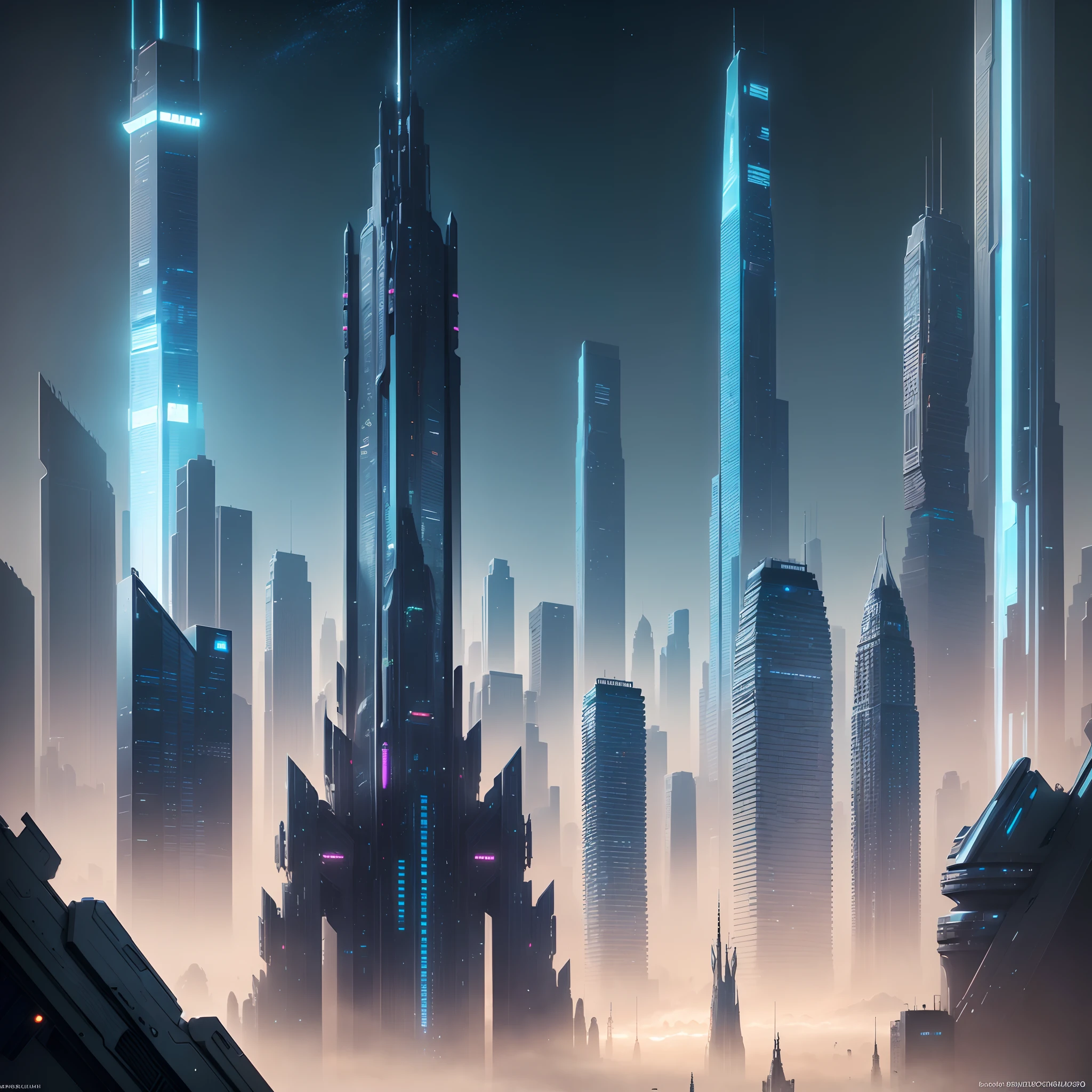 (Best Quality, 8K, Ultra-detailed:1.2), Futuristic cityscape of towering skyscrapers, Cyberpunk, Sci-Fi Art, Earth, A futuristic world, masutepiece, Glass skyscraper, Imaginative, 60 times taller building, Vivid colors, Dramatic Lighting，kosmos，A world far beyond the imagination of mankind
