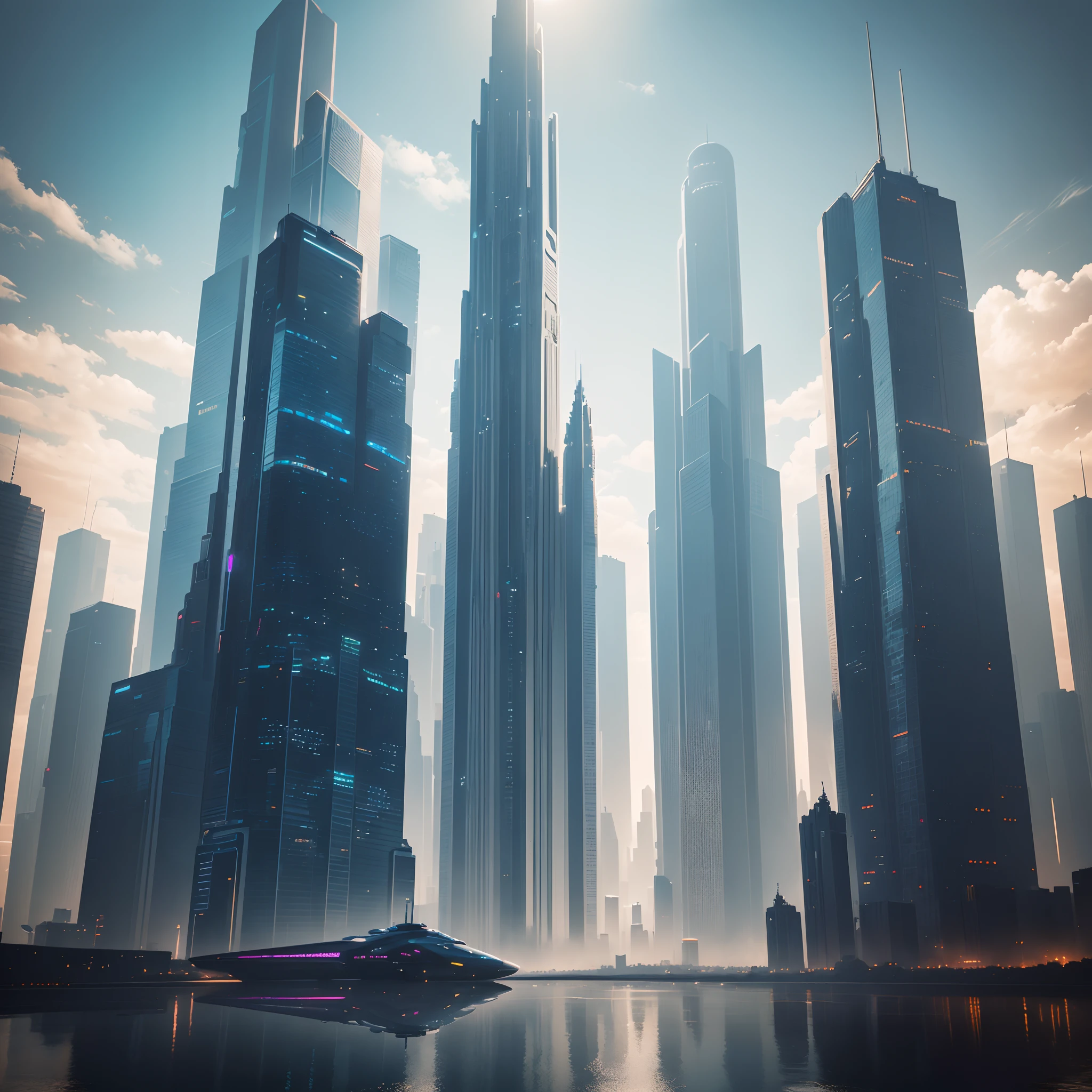 (Best Quality, 8K, Ultra-detailed:1.2), Futuristic cityscape of towering skyscrapers, Cyberpunk, Sci-Fi Art, Earth, A futuristic world, masutepiece, Glass skyscraper, Imaginative, Buildings 50 times taller, Vivid colors, Dramatic Lighting，kosmos，A world far beyond the imagination of mankind