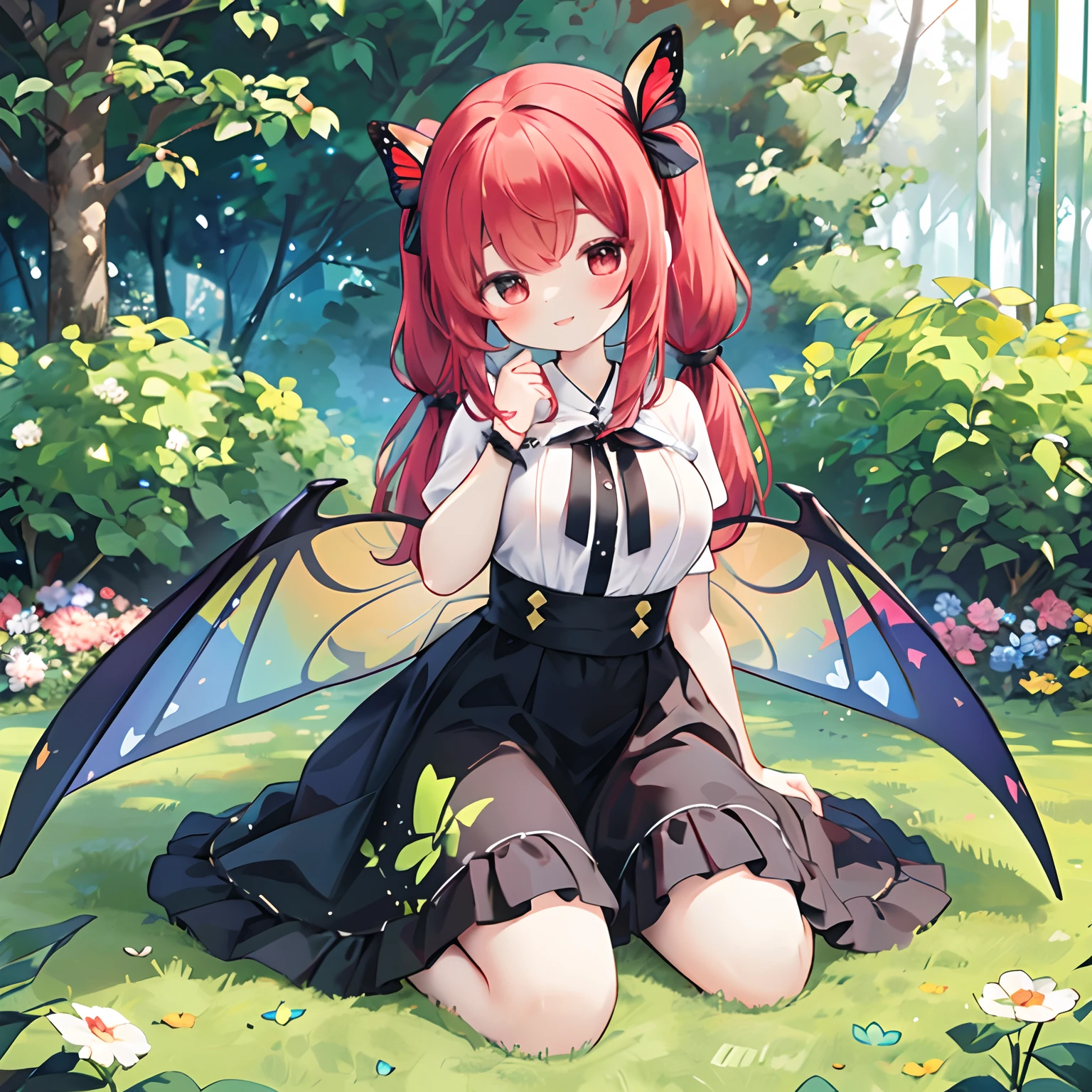 Under the sunlight filtering through the trees at night、(Fairy with large butterfly wings with rainbow pattern、faerie:1.5)、(top-quality、8K、32K、masterpiece、nffsw:1.2)、((Photo of red-eyed woman with bright red hair with cute smile:1.3))、
((Horizontal twin tails tied with a black ribbon:2))、
Curly hair:1.3、Zito-order:2、large full breasts、Look around、A smile、(Hands on the floor:1.3)