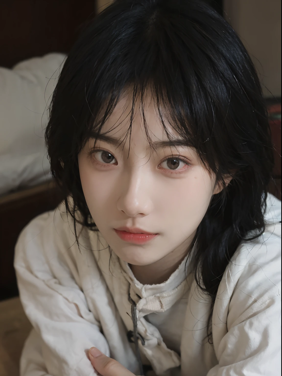 best qualtiy， 超高分辨率， （realisticlying：1.4）， A woman with long black hair and a gray sweater, 中景 the scene is, She has black hair，By bangs, young lovely Korean faces, wan adorable korean face, ulzzangs, Shin Jinying, beautiful aesthetic face, Korean face features, Played by Liu Lee Ji Eun ，Beautiful realistic face