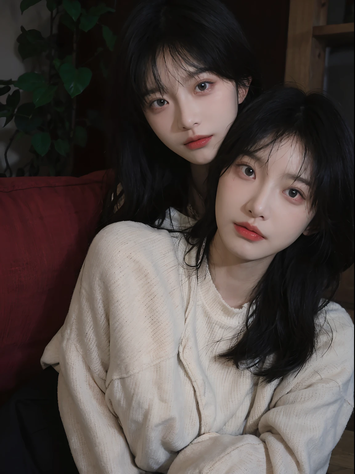best qualtiy， 超高分辨率， （realisticlying：1.4）， A woman with long black hair and a gray sweater, 中景 the scene is, She has black hair，By bangs, young lovely Korean faces, wan adorable korean face, ulzzangs, Shin Jinying, beautiful aesthetic face, Korean face features, Played by Liu Lee Ji Eun ，Beautiful realistic face