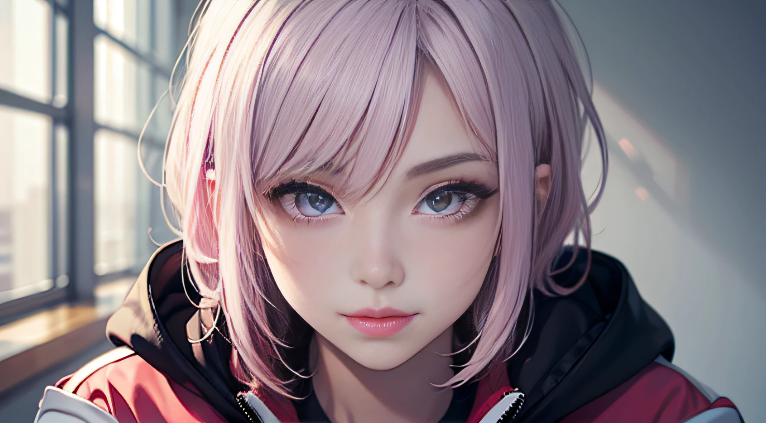 masterpiece, best quality), intricate details, thin, ((slim)), beautiful girl, Light pink hair, white skin, light purple eyes, sharp jawline, cropped jacket, messy hair, lips, upper body, close up, smirk