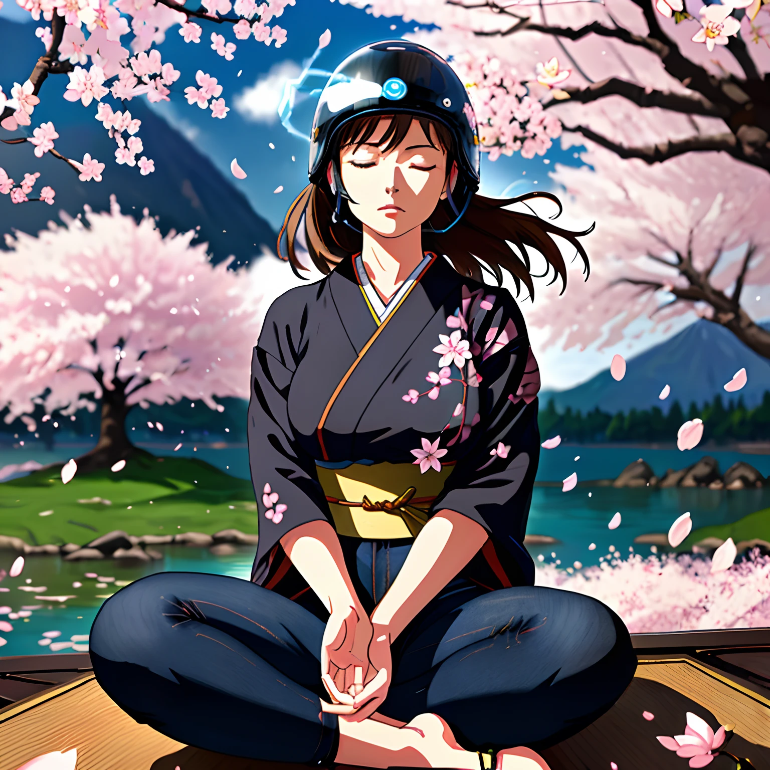 Portrait, head on, (30 year old woman meditating in cherry blossom field), ((meditation position)), (quarter lotus) , sitting cross legged, light brown hair, eyes closed, American woman, beautiful face, perfect proportions, perfect nose, detailed face, ((charging in front of her)), (black jeans) , ((cherry blossoms swirling around girl)), Masterpiece, best quality, detailed face, high quality , traditional Japanese dress mixed with black jeans, (swirling wind), motion lines,focused face, peaceful face, (windy), (dramatic textures and shading),, (hands cupped in lap), taijitu on clothes, Kamehameha, (charging), energy ball in lap, white electricity, (swirling:1.4), lake  in background, motorcycle helmet next to her