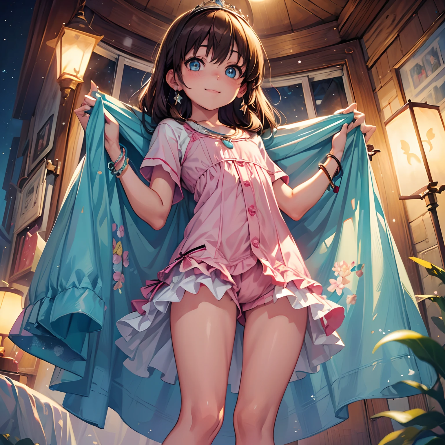 (solo), happiness, joyful, Ultra-detailed, Photorealistic, vibrant colors, snowfield, snow, (lonesome cold (winter night) background), darkness, pines, bed, curtains, falling snowflakes, innocent 1girl princess, (cute pose), very mean, (evil smile), ((flat chest)), skinny, very thin, anorexic, ((young)), (bright pink floral pajama set), ribbon, shopping handbag, school bag, purse, brown hair, luxurious jewelries, expensive necklaces, pearls, pendants, bracelets, earrings, ((tiara)), (blue glowing eyes), (looking down at viewer), hair ribbon, hair flower, (from below), (depth of field), cinematic lighting, close-up, masterpiece, (anatomically correct)