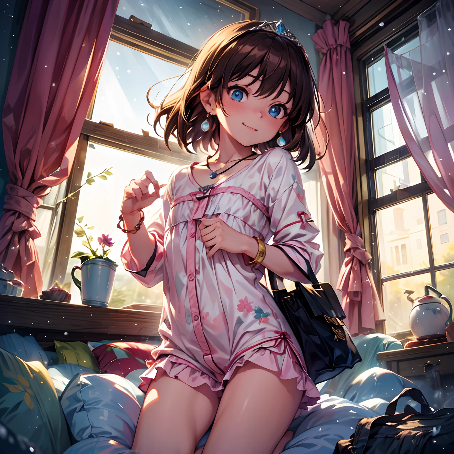 (solo), happiness, joyful, Ultra-detailed, Photorealistic, vibrant colors, snowfield, snow, (lonesome cold (winter night) background), darkness, pines, bed, curtains, falling snowflakes, innocent 1girl princess, (cute pose), very mean, (evil smile), ((flat chest)), skinny, very thin, anorexic, ((young)), (bright pink floral pajama set), ribbon, shopping handbag, school bag, purse, brown hair, luxurious jewelries, expensive necklaces, pearls, pendants, bracelets, earrings, ((tiara)), (blue glowing eyes), (looking down at viewer), hair ribbon, hair flower, (from below), (depth of field), cinematic lighting, close-up, masterpiece, (anatomically correct)